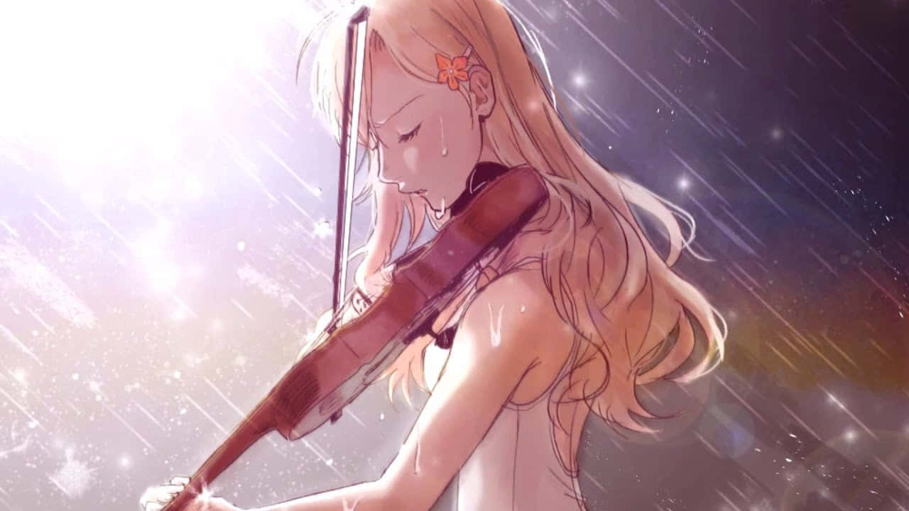 Your Lie In April 桌布 壁紙 — 一位金髮動漫女孩在星雨下拉小提琴，背後有發光的光線。