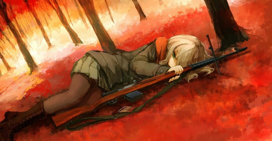 weapon 桌布 壁紙 — 一位金髮動漫女孩在溫暖的橙色燈光下，將頭靠在步槍上，身處火紅的森林地面。
