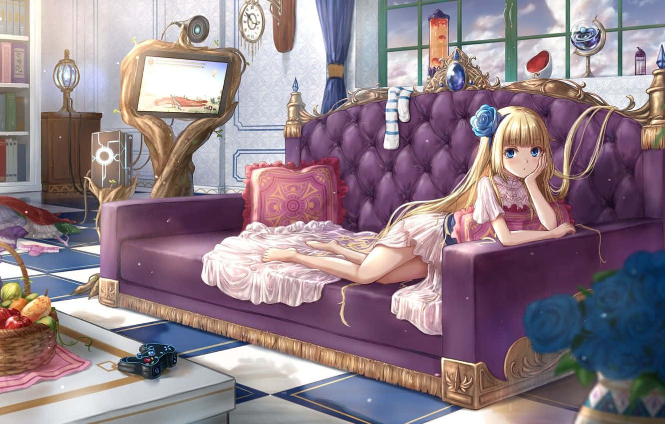 Anime Living Room 桌布 壁紙 — 一位金髮動漫女孩懶洋洋地躺在一張毛絨紫色沙發上，房間充滿奇思妙想，裝飾華麗，有藍色瓷磚地板和復古裝飾。