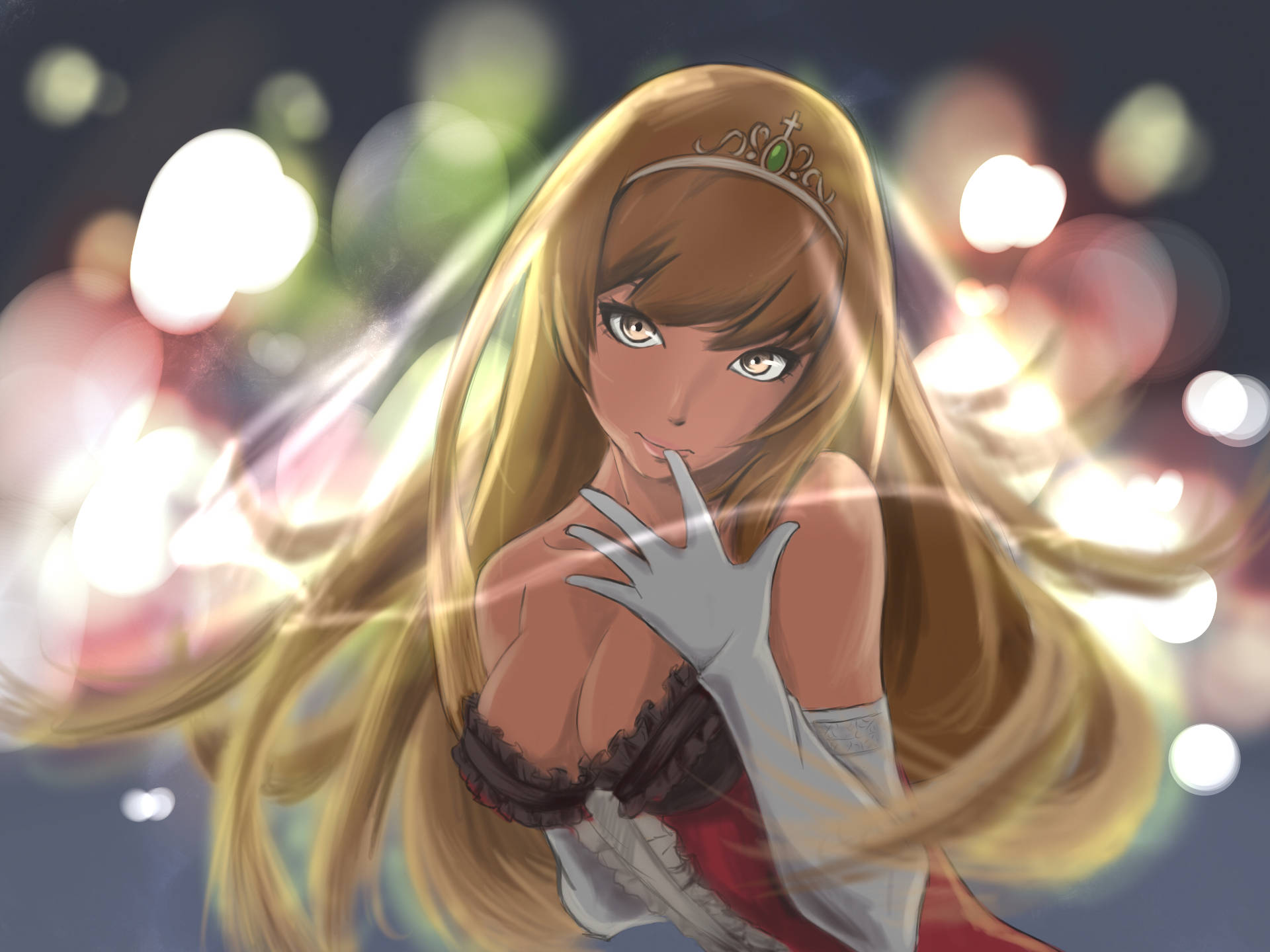 Monogatari 桌布 壁紙 — 一位金髮動漫女孩戴著頭飾和白色手套，在發光的散景背景前擺姿勢。