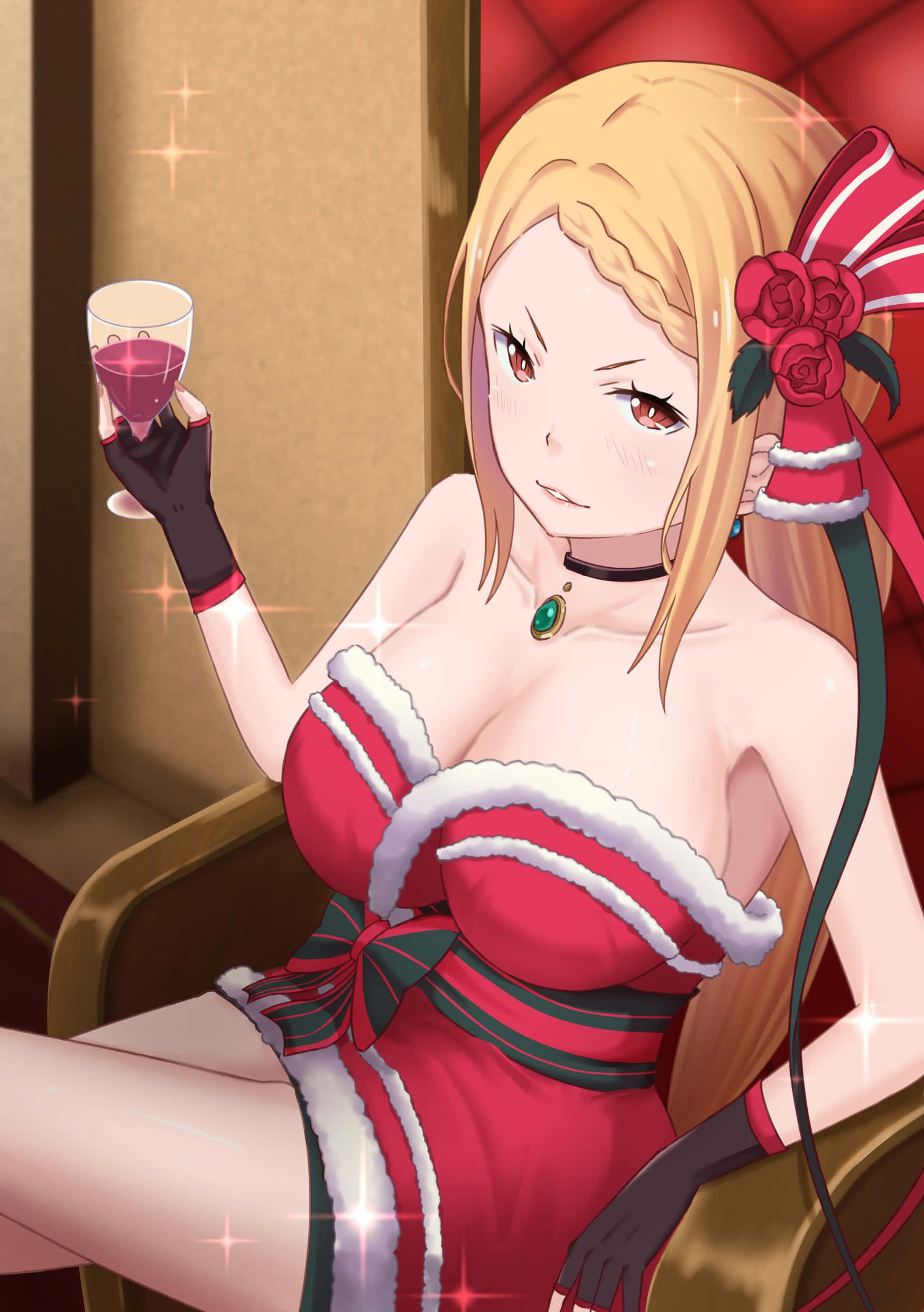 Priscilla Barielle 桌布 壁紙 — 一位金髮動漫女孩穿著喜慶的紅色聖誕裙，坐在豪華椅子上，手持一杯酒。