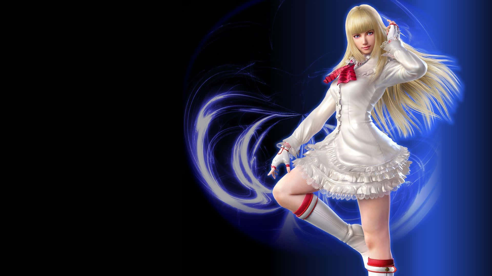 Tekken Characters 桌布 壁紙 — 一位金髮動漫女孩穿著帶有紅色點綴的白色荷葉邊連衣裙，在旋轉的藍色能量背景下擺出動態姿勢。