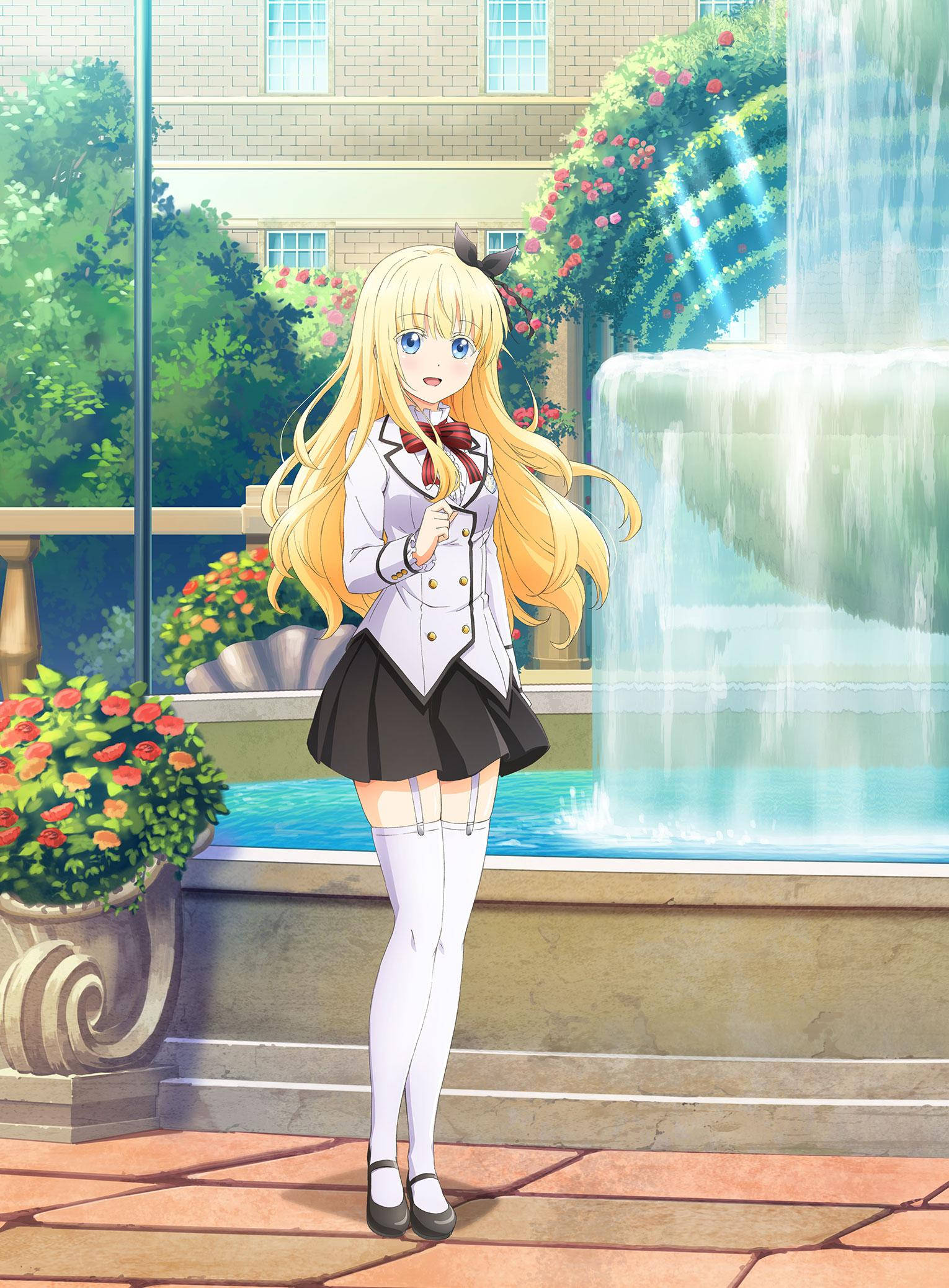 boarding school juliet 桌布 壁紙 — 一位金髮動漫女孩穿著校服，微笑著站在層疊噴泉旁，周圍環繞著茂密的綠植和盛開的花朵。