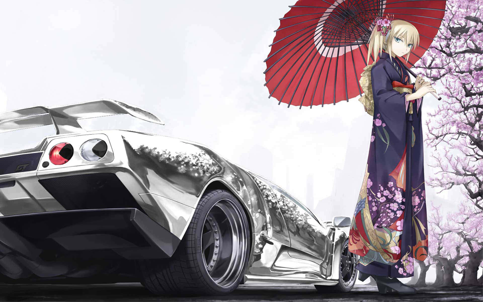 動漫車 桌布 壁紙 — 一位金髮動漫女孩穿著櫻花和服，在蒼白的天空下，在一輛時尚的銀色跑車旁邊撐著一把紅傘。