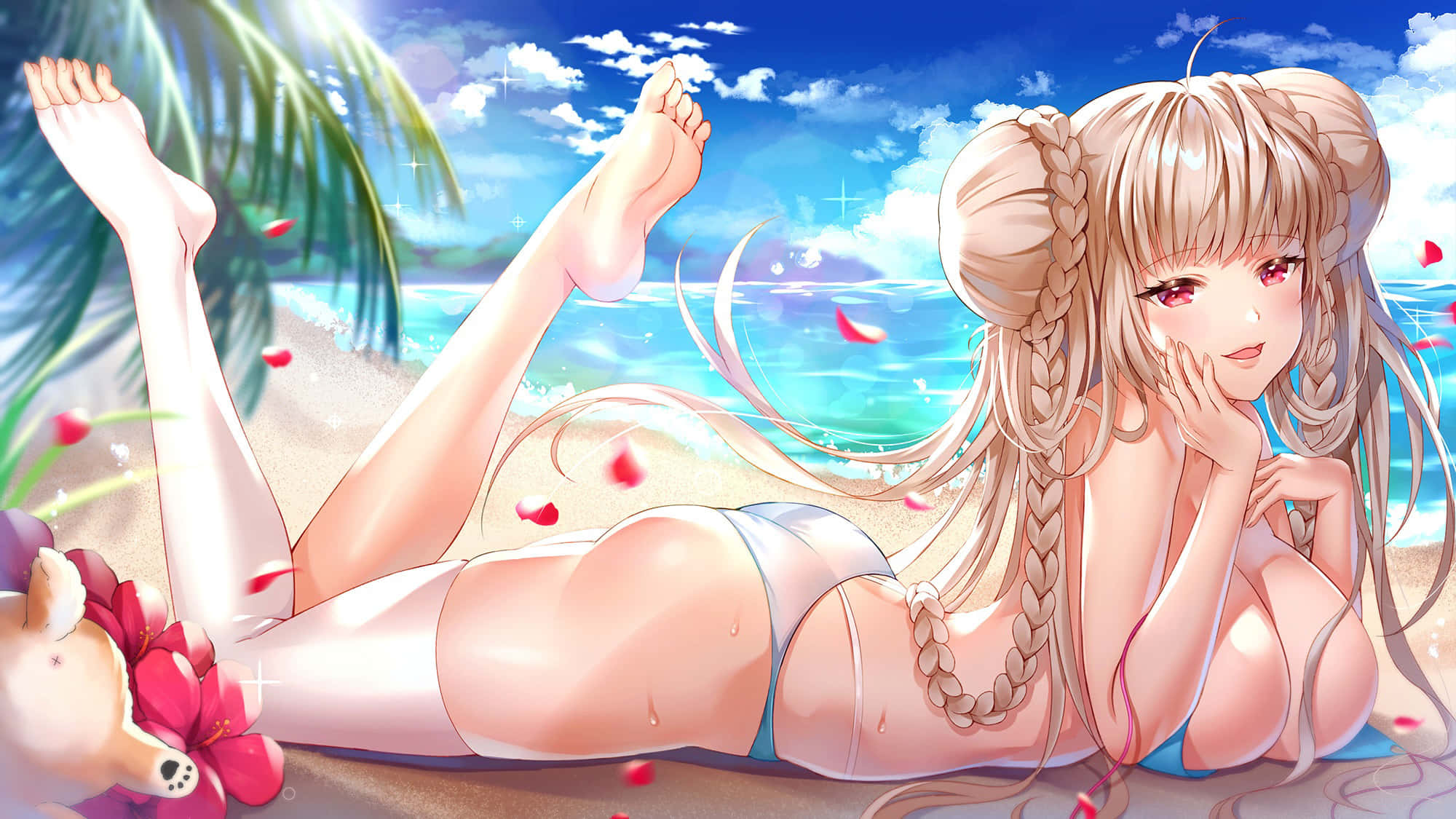 sexy legs 桌布 壁紙 — 一位金髮動漫女孩穿著比基尼躺在熱帶海灘上，棕櫚葉和紅色花瓣在她周圍飄浮。
