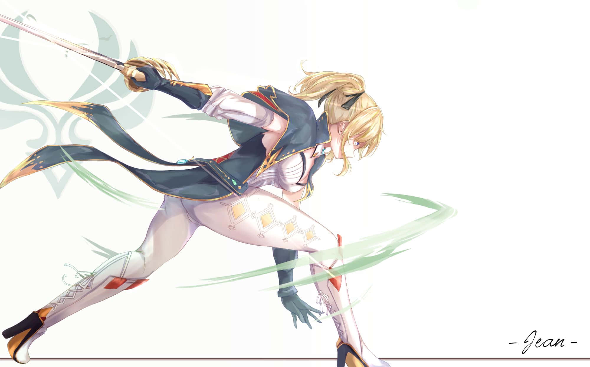 Genshin Impact Jean 桌布 壁紙 — 一位金髮動漫女孩穿著深色制服，在純白背景前揮舞著發光的劍向前衝刺。
