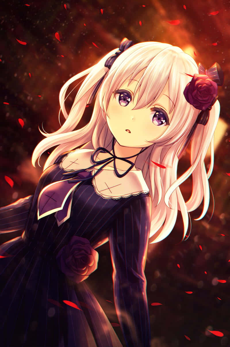 Goth Aesthetic 桌布 壁紙 — 一位金髮動漫女孩穿著深色連衣裙，手持紅玫瑰，在火焰背景中漂浮於飄落的花瓣之間。