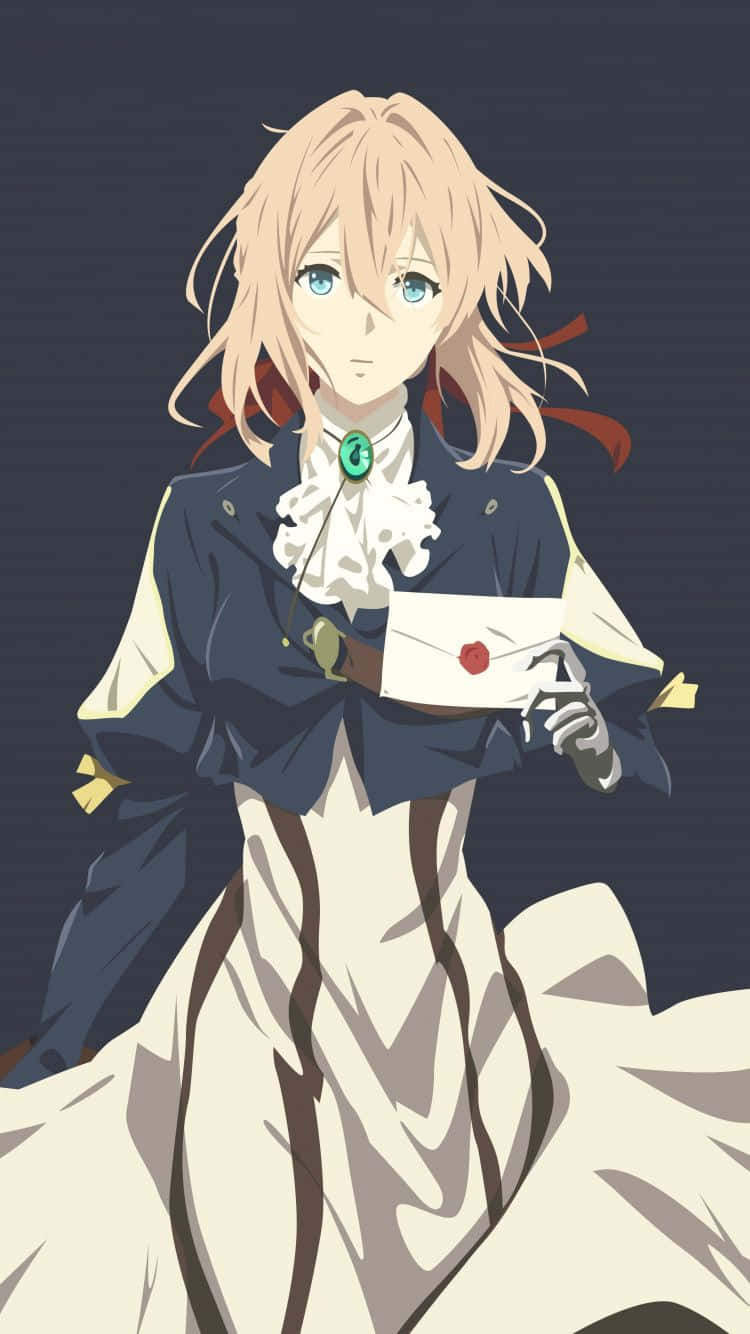 Violet Evergarden iPhone 桌布 壁紙 — 一位金髮動漫女孩穿著深藍色外套和白色連衣裙，在深色背景下拿著一封密封的信件。