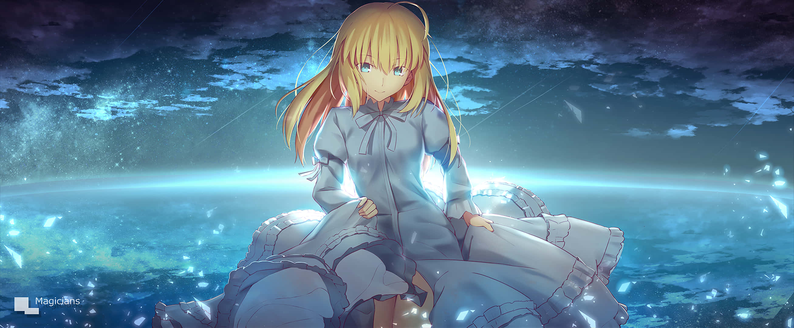 Saber Fate Stay Night 桌布 壁紙 — 一位金髮動漫女孩穿著淺藍色連衣裙，坐在一顆發光的藍色星球上，背景是繁星點點的夜空。