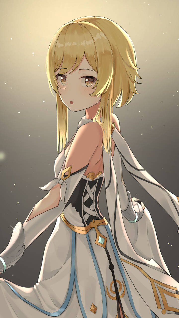 Genshin 桌布 壁紙 — 一位金髮動漫女孩穿著白色和金色的連衣裙，站在星光漸變背景前，光線柔和。