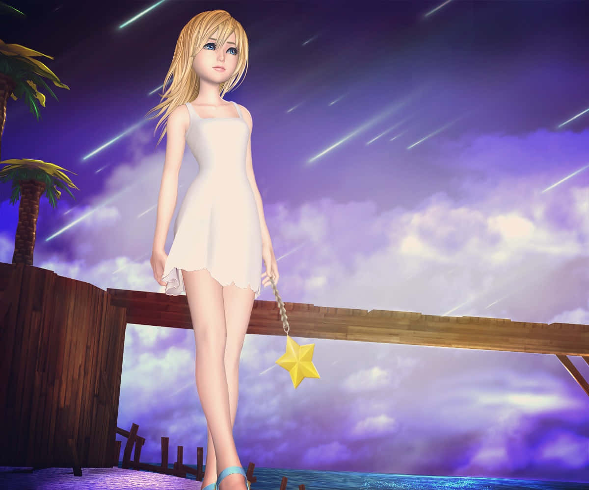 Kingdom Hearts Namine 桌布 壁紙 — 一位金髮動漫女孩穿著白色連衣裙，站在木製碼頭上，在流星劃過的紫色天空下握著金色星星吊墜。