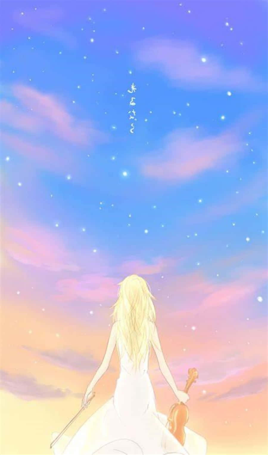動漫 桌布 壁紙 — 一位金髮動漫女孩穿著白色連衣裙，在星光燦爛的暮色天空下，手持小提琴和弓，天空中有柔和的粉紅色和藍色雲彩。
