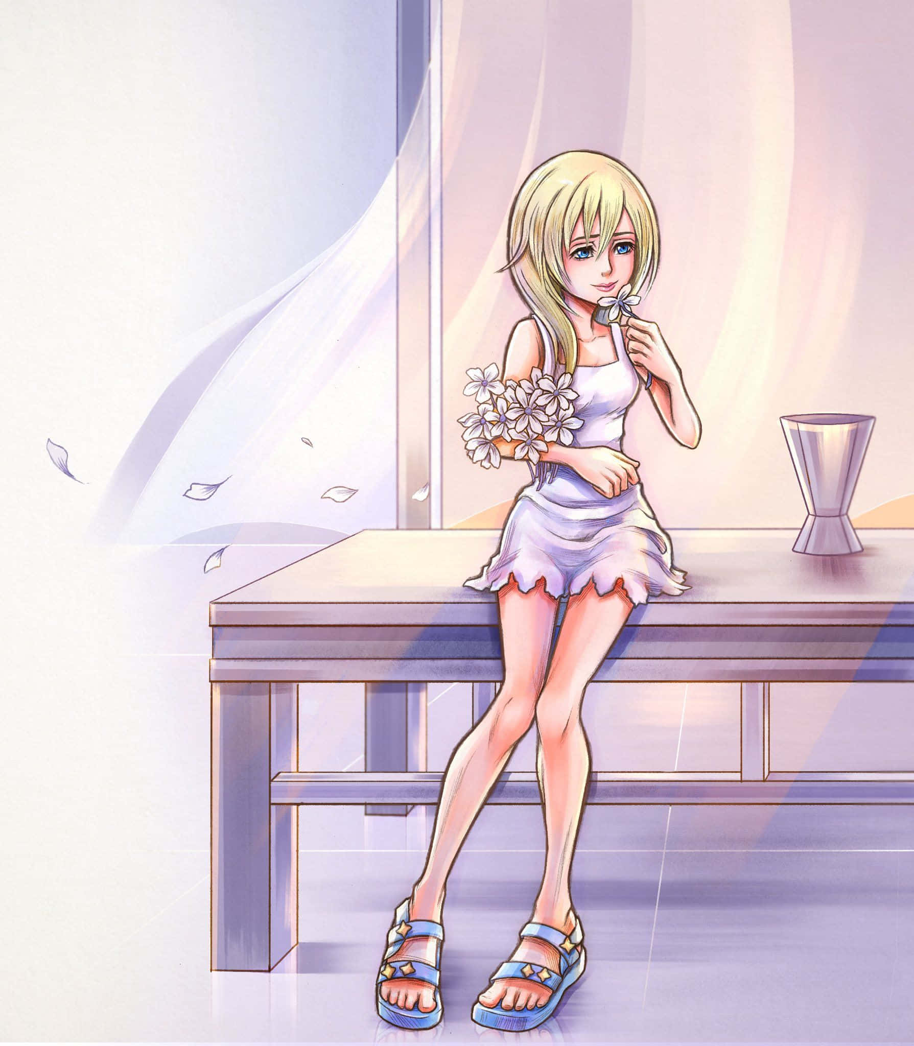 Kingdom Hearts Namine 桌布 壁紙 — 一位金髮動漫女孩穿著白色連衣裙坐在木桌上，手持一束白色花朵，花瓣在柔和粉彩光線中飄散。