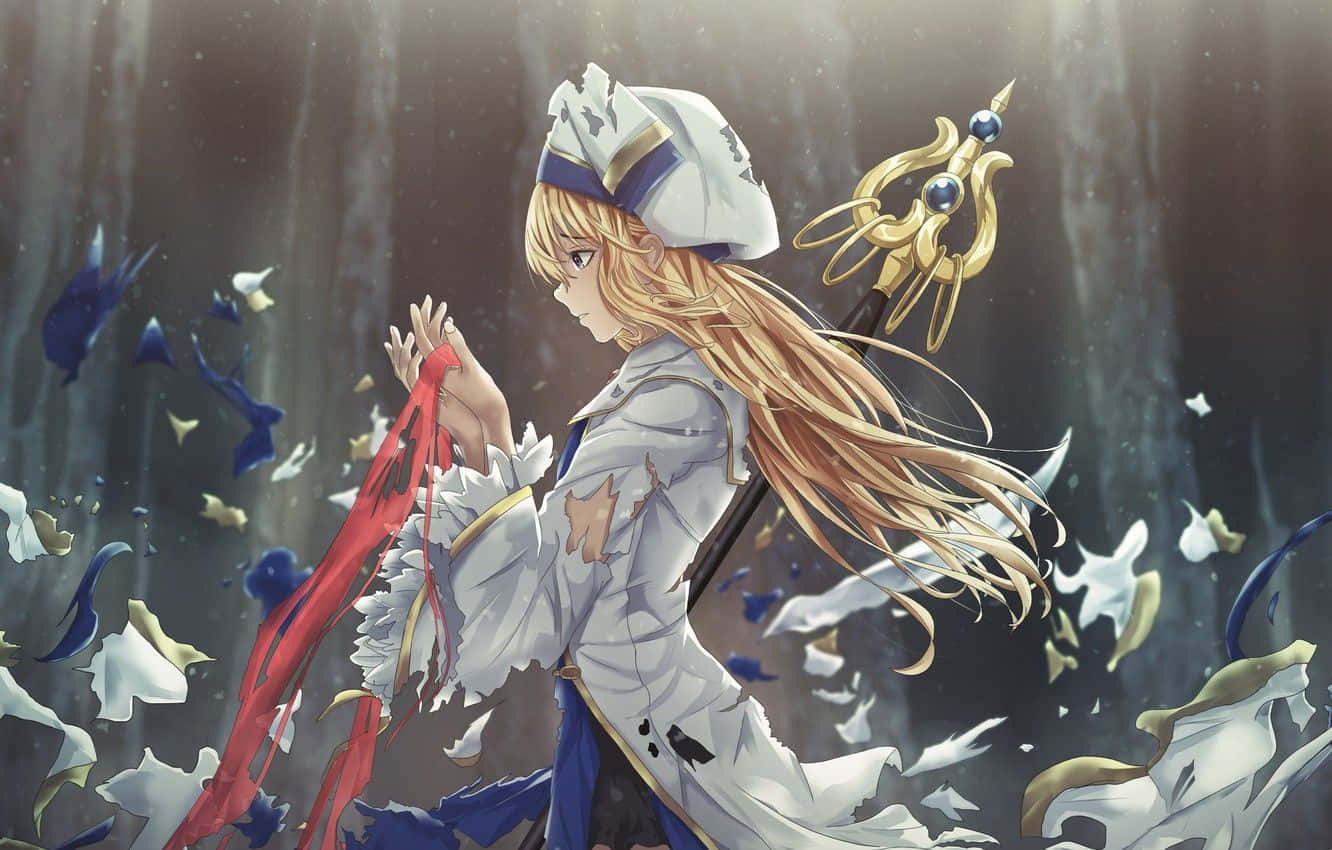 Goblin Slayer 桌布 壁紙 — 一位金髮動漫女孩穿著破爛的白色制服，手持紅色絲帶，金色和藍色碎片在她周圍的神秘森林中旋轉。