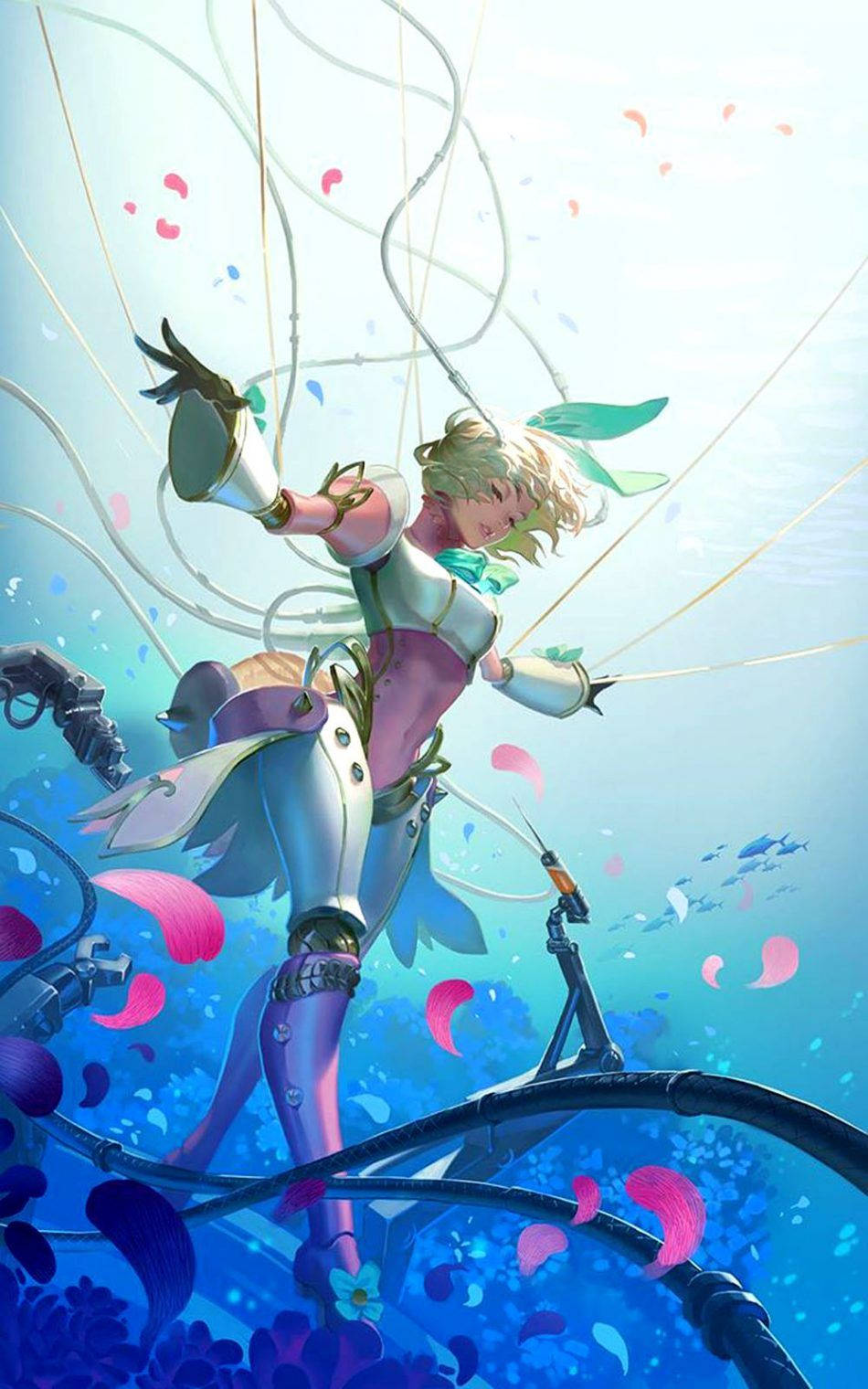動漫女孩在水下漂浮，周圍有花瓣和管道。 — Mobile Legends 動態圖 壁紙