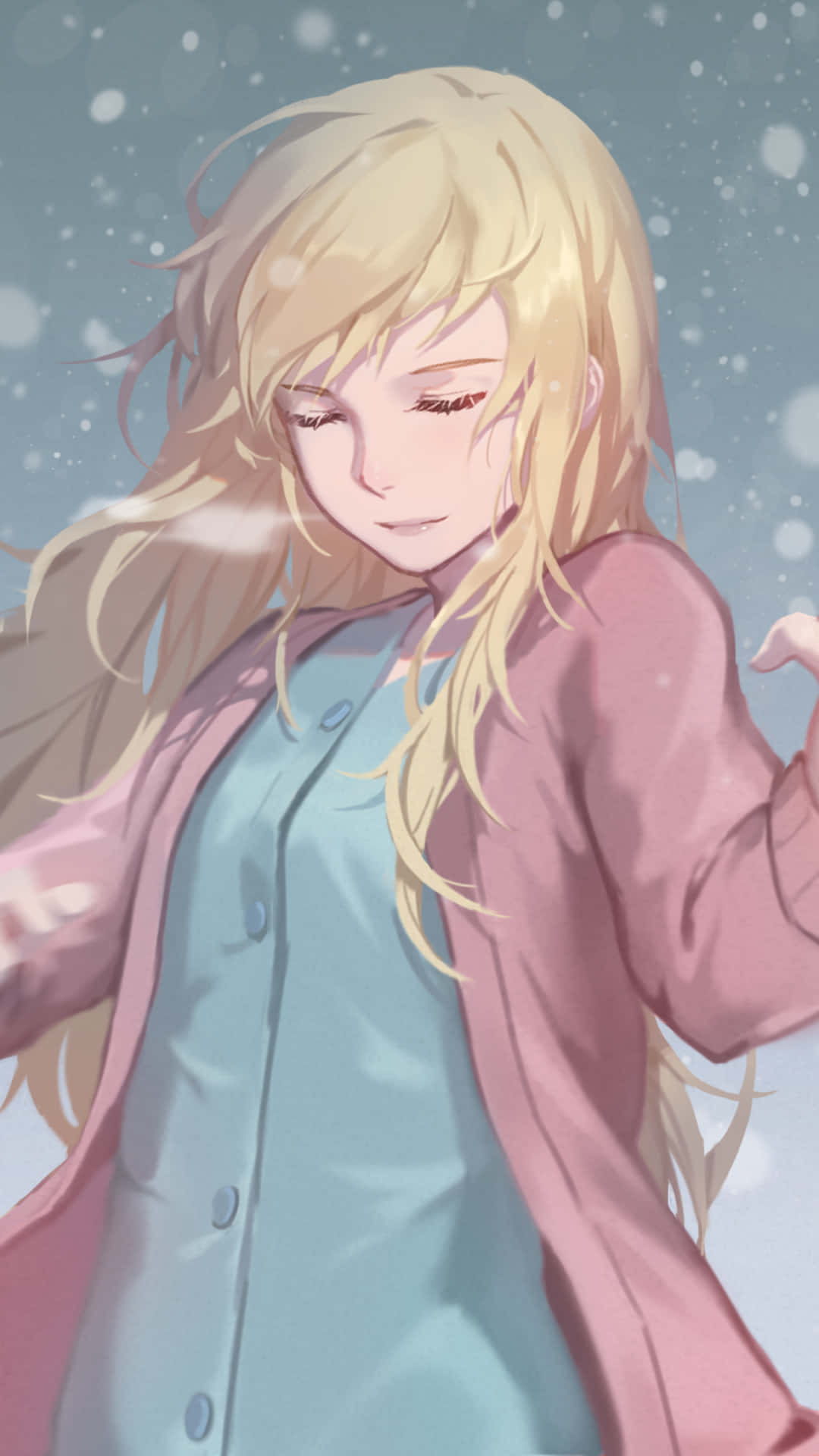 動漫 桌布 壁紙 — 一位金髮動漫女孩穿著粉紅色外套，站在飄落的雪中，表情溫柔平靜。