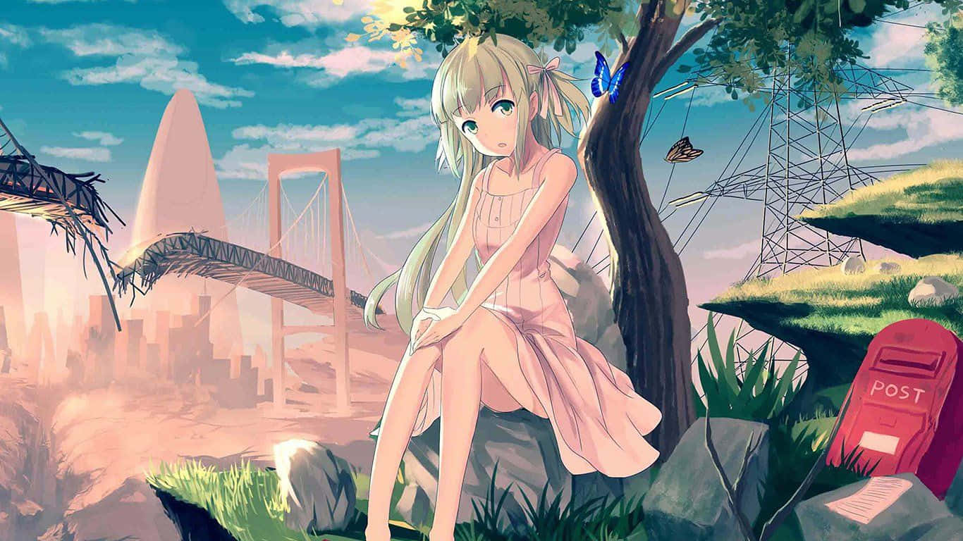 Cute Aesthetic Anime Desktop 桌布 壁紙 — 一位金髮動漫女孩穿著粉紅色連衣裙，坐在樹旁，蝴蝶飛舞，遠處有一座未來主義的橋樑。