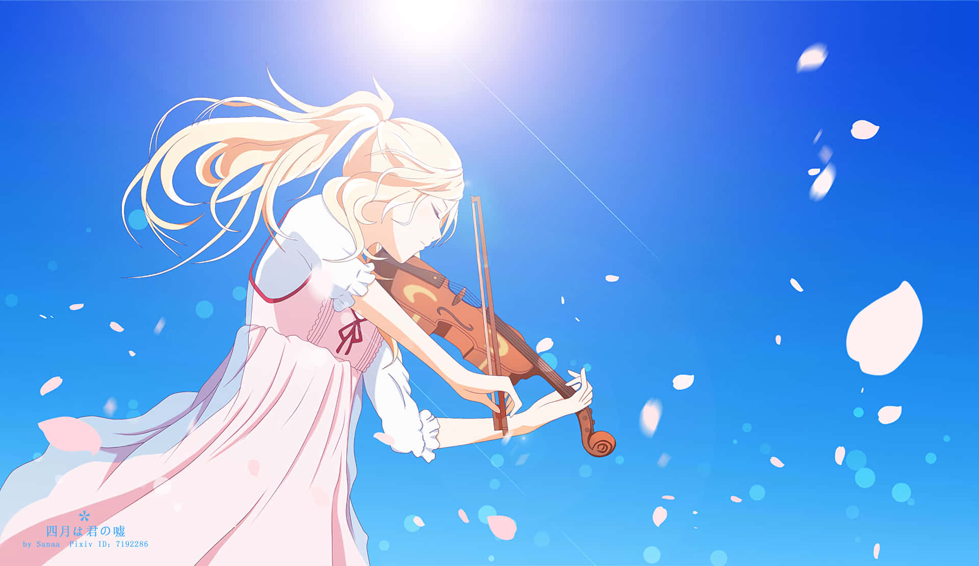 Your Lie In April 桌布 壁紙 — 一位金髮動漫女孩穿著粉紅色連衣裙，在明亮的陽光下演奏小提琴，櫻花在鮮豔的藍天中飄落。