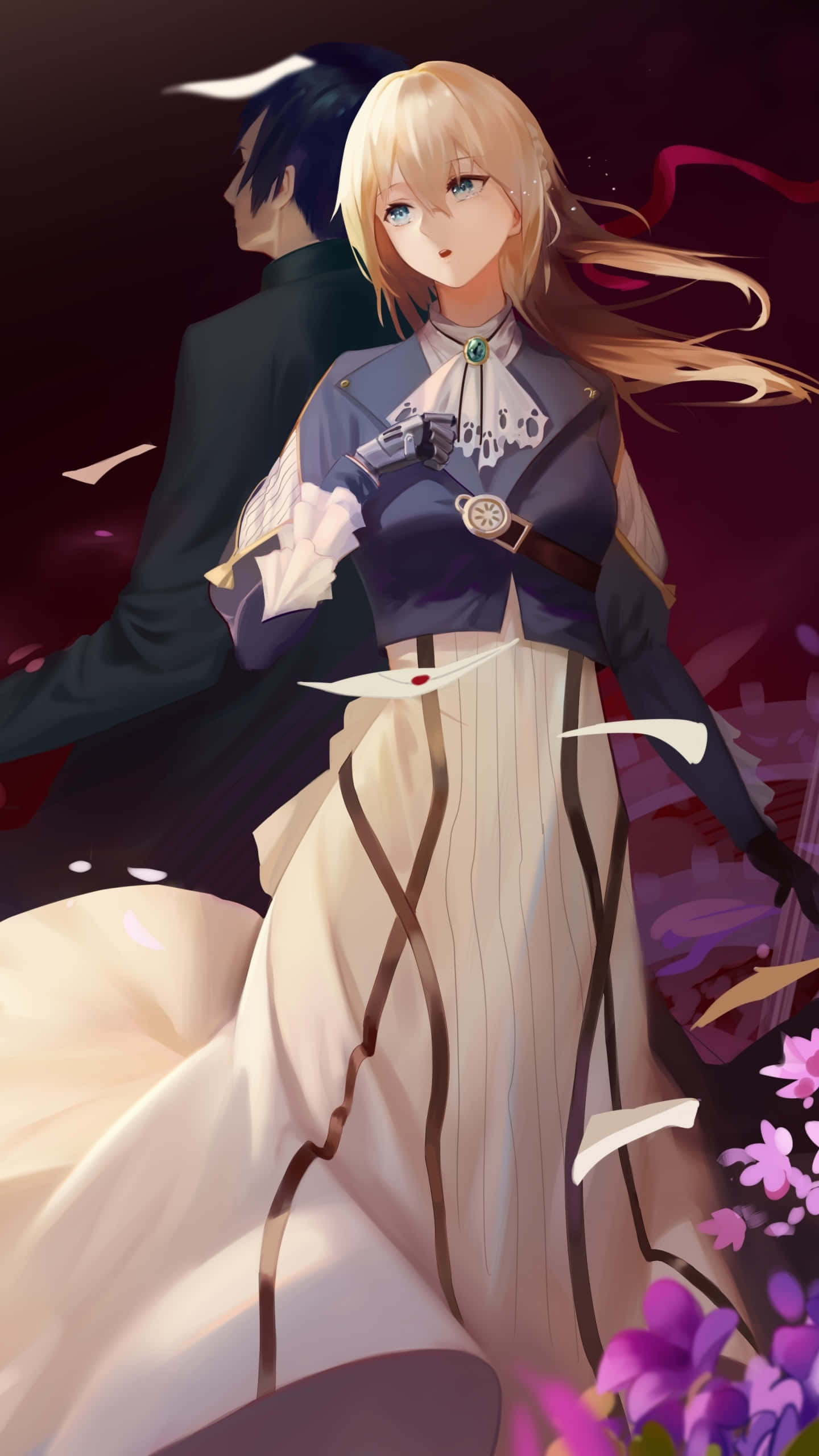 Gilbert Bougainvillea 桌布 壁紙 — 一位金髮動漫女孩穿著精緻連衣裙，站在一個黑暗身影前，腳邊有紫色花朵。