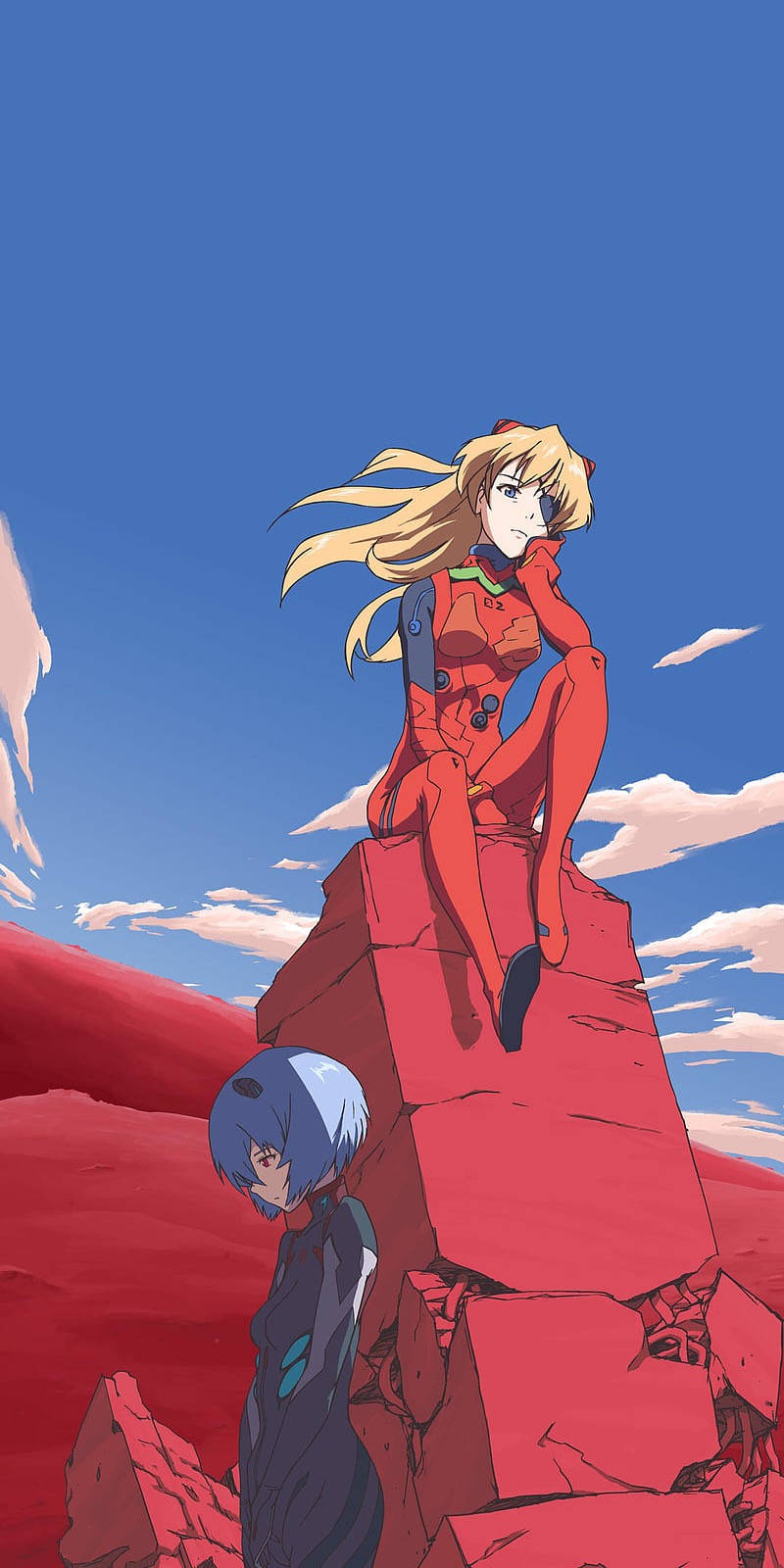 Evangelion Phone 桌布 壁紙 — 一位金髮動漫女孩穿著紅色緊身衣，坐在紅色廢墟上，頭頂是清澈的藍天，而一位藍髮女孩站在下方。