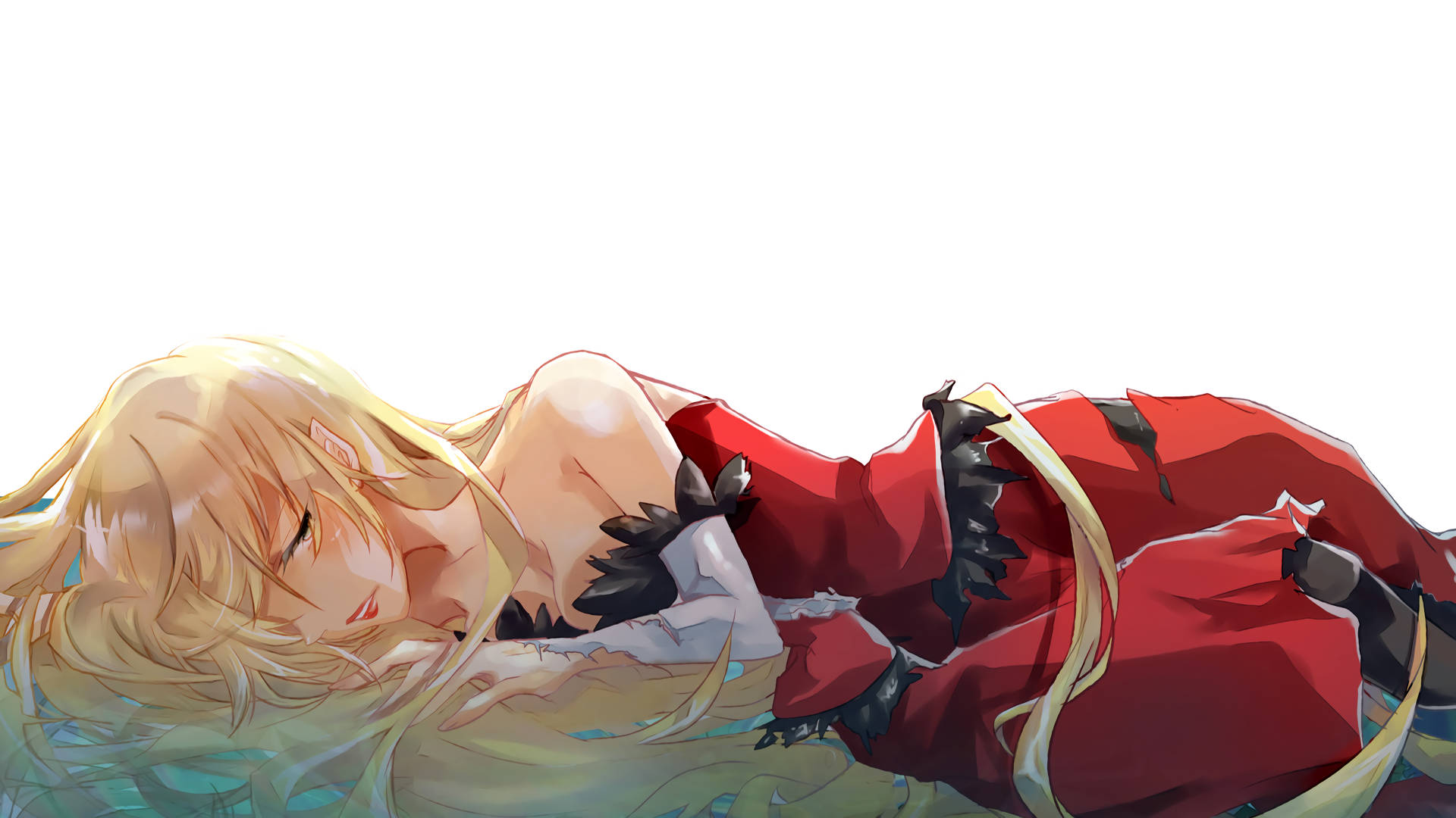 Monogatari 桌布 壁紙 — 一位金髮動漫女孩穿著紅色衣服，在柔和的燈光下安詳地睡在柔軟的表面上。