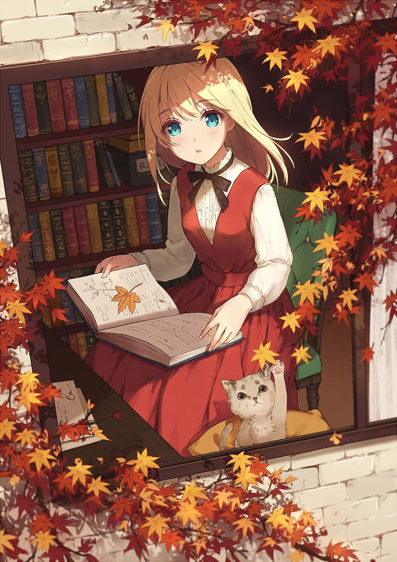 動漫女孩 桌布 壁紙 — 一位金髮動漫女孩穿著紅色連衣裙，在窗邊看書，窗外是色彩繽紛的秋天楓葉，旁邊有一隻貓。