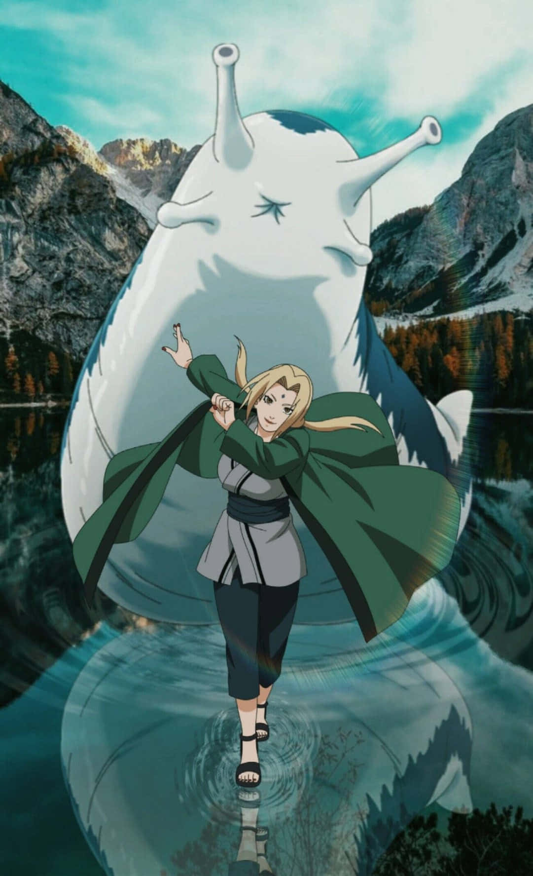 Katsuyu 桌布 壁紙 — 一位金髮動漫女孩穿著綠色斗篷，自信地站在山湖中的水上，旁邊有一隻巨大的白色蛞蝓。