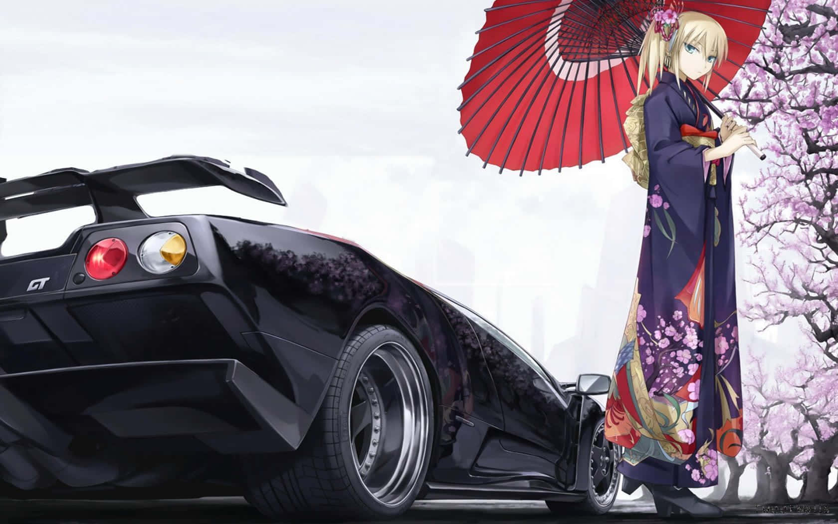動漫車 桌布 壁紙 — 一位金髮動漫女孩穿著花卉和服，在櫻花下拿著紅色雨傘，旁邊是一輛時尚的黑色跑車。