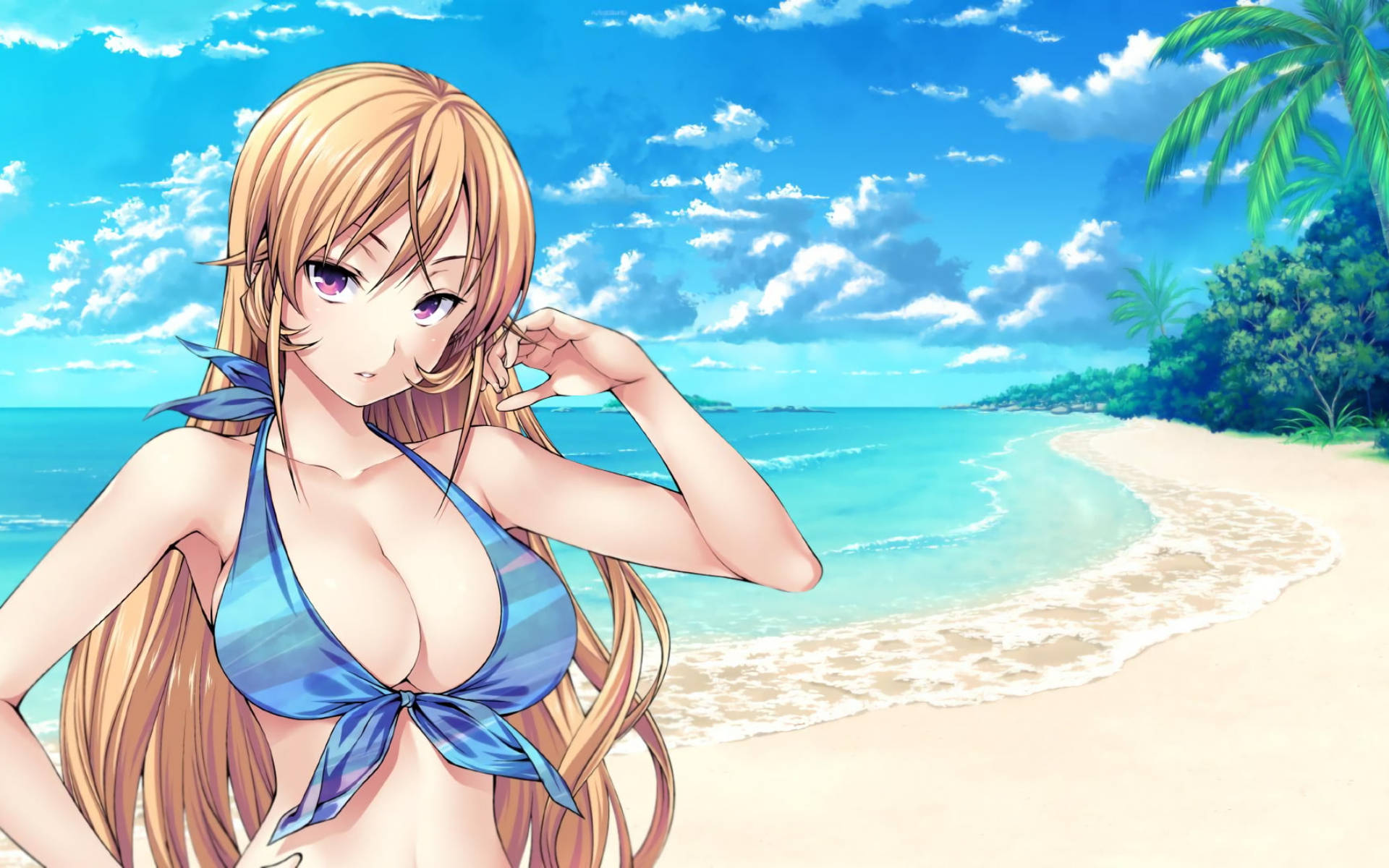 food wars shokugeki no soma 桌布 壁紙 — 一位金髮動漫女孩穿著藍色比基尼，站在陽光明媚的海灘上，有碧綠的海浪和棕櫚樹，頭頂是明亮的藍天。