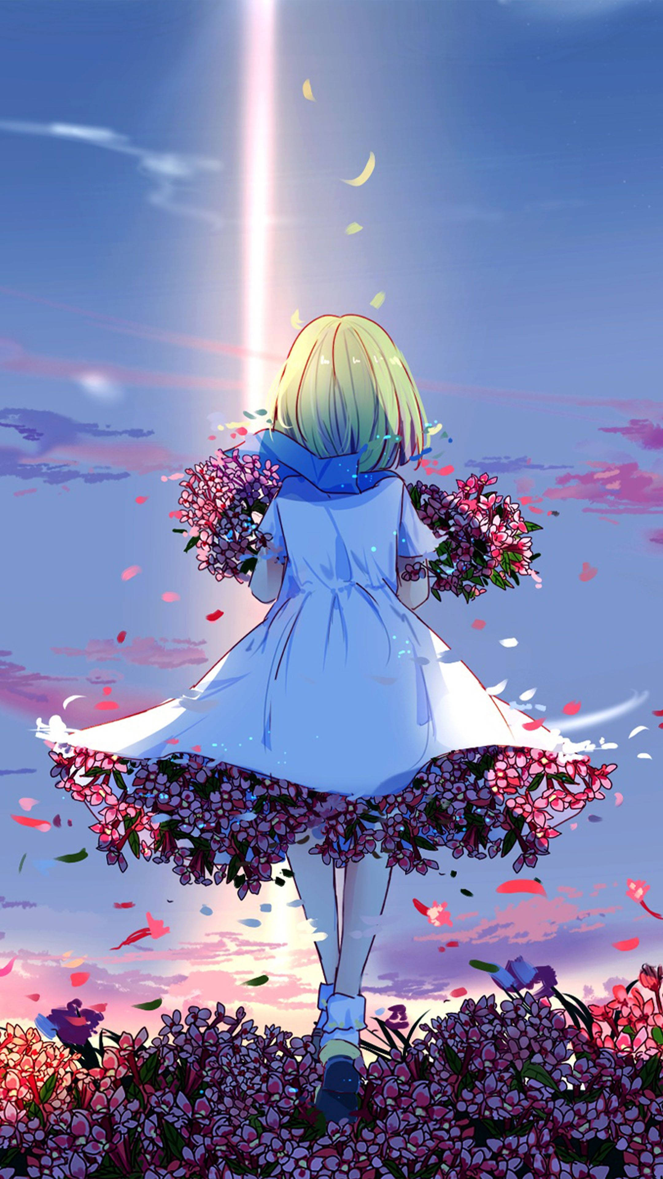 HD anime phone 桌布 壁紙 — 一位金髮動漫女孩穿著藍色連衣裙站在粉紅色花田中，一道耀眼的光束從天空照射下來。