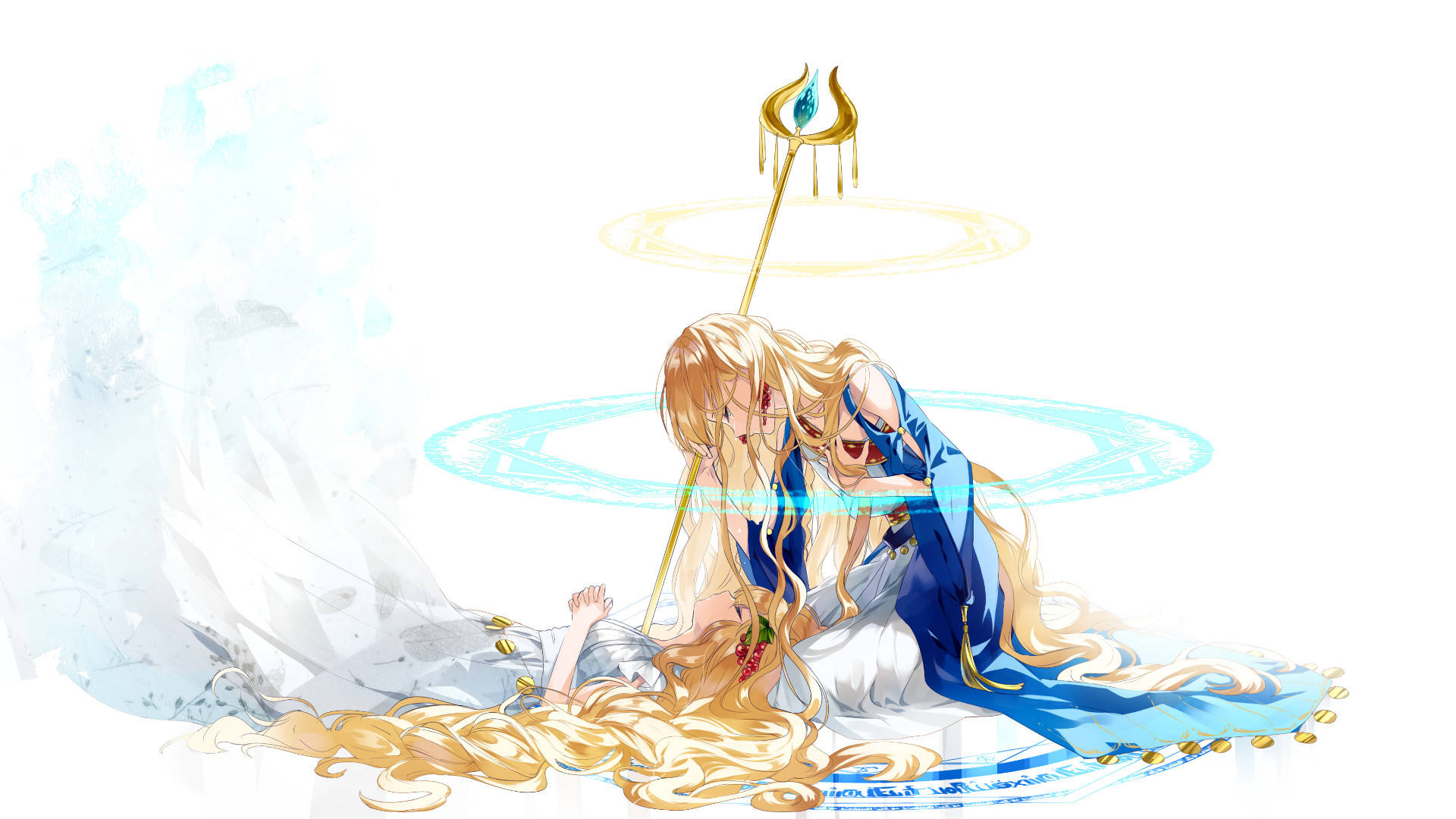 magi the kingdom of magic 桌布 壁紙 — 一位金髮動漫女孩穿著藍色長袍，跪在倒下的同伴旁邊，手持發光的法杖，頭上有光環。