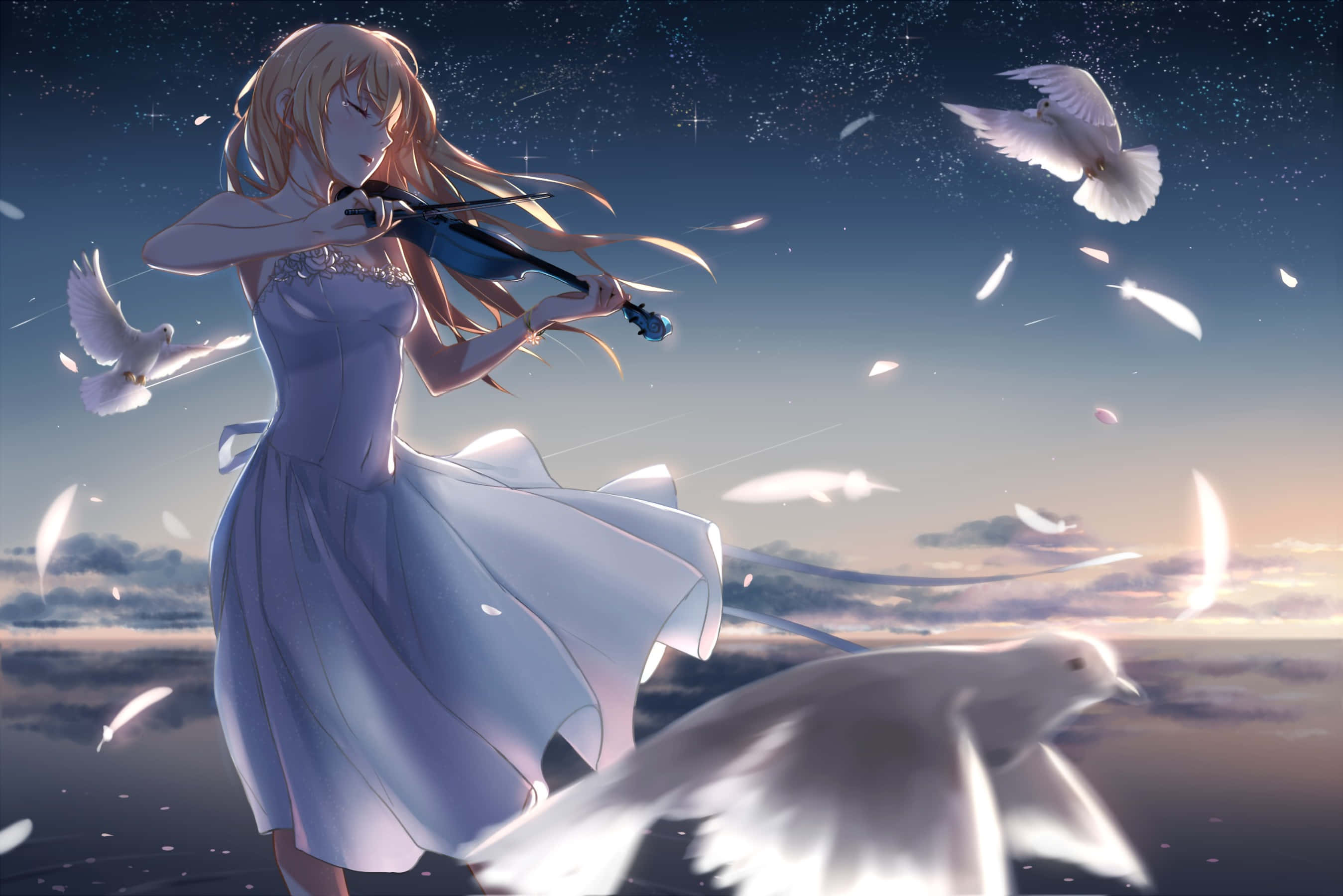 Your Lie In April 桌布 壁紙 — 一位金髮動漫女孩穿著飄逸的白色連衣裙，在星光燦爛的暮色天空中，白鴿飛翔時拉小提琴。