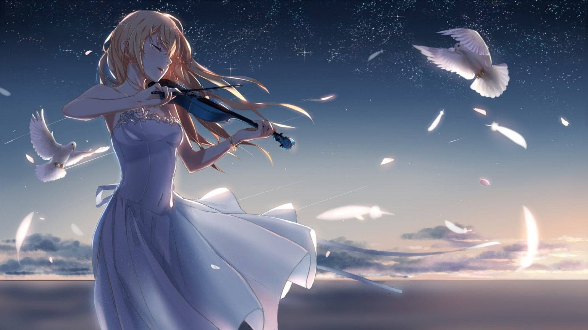 aesthetic sad anime girl 桌布 壁紙 — 一位金髮動漫女孩穿著飄逸的白色連衣裙，在繁星點點的暮色天空下演奏小提琴，白鴿和羽毛在她周圍旋轉。