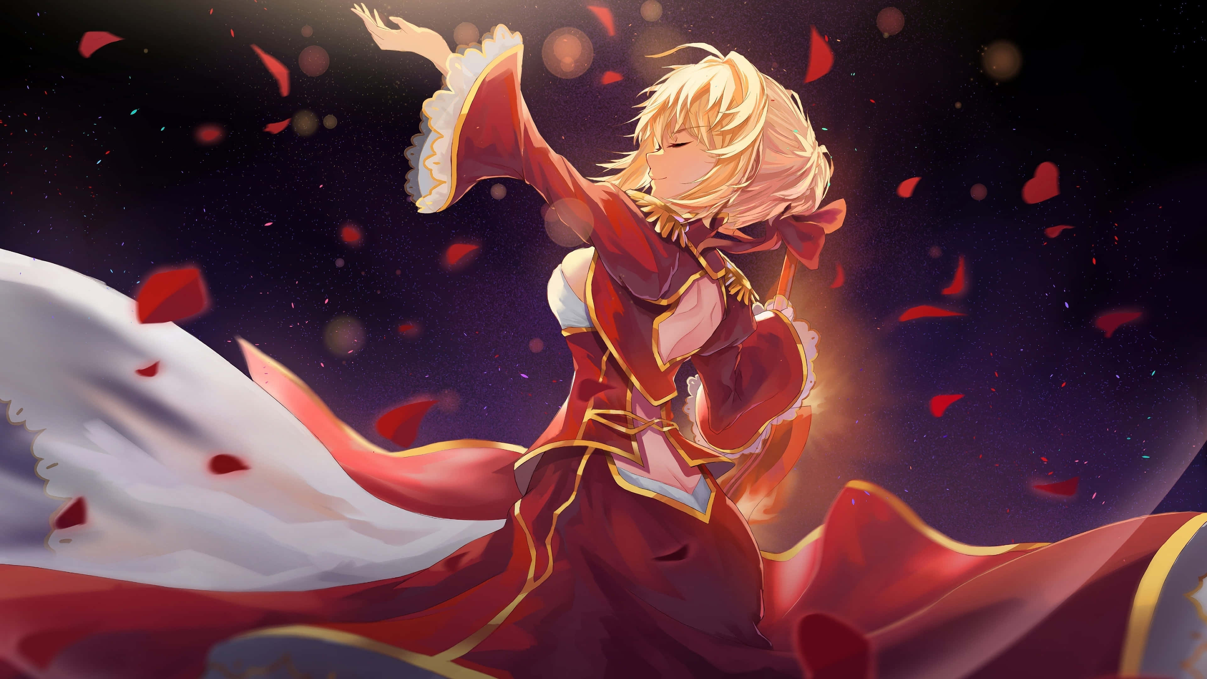 Happy Mood 桌布 壁紙 — 一位金髮動漫女孩穿著飄逸的紅白長裙，在黑暗星空下，於飄落的紅色花瓣中起舞。