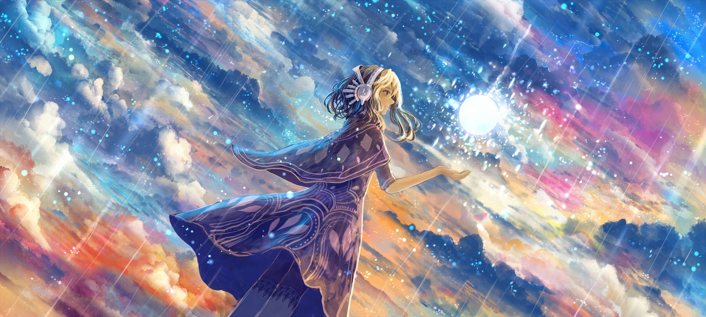 動漫藝術GIF 桌布 壁紙 — 一位金髮動漫女孩穿著飄逸長袍，在充滿星星和彩色雲朵的 vibrant 宇宙天空下跳舞。