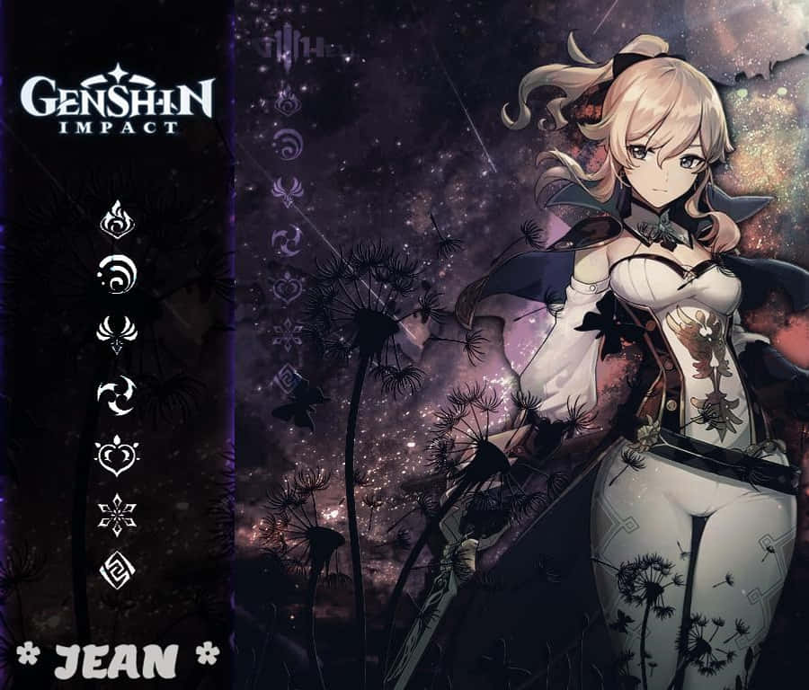 Genshin Impact Jean 桌布 壁紙 — 一位金髮動漫女孩穿著黑白服裝，站在蒲公英中，背景是帶有遊戲標誌和符號的星空紫色天空。