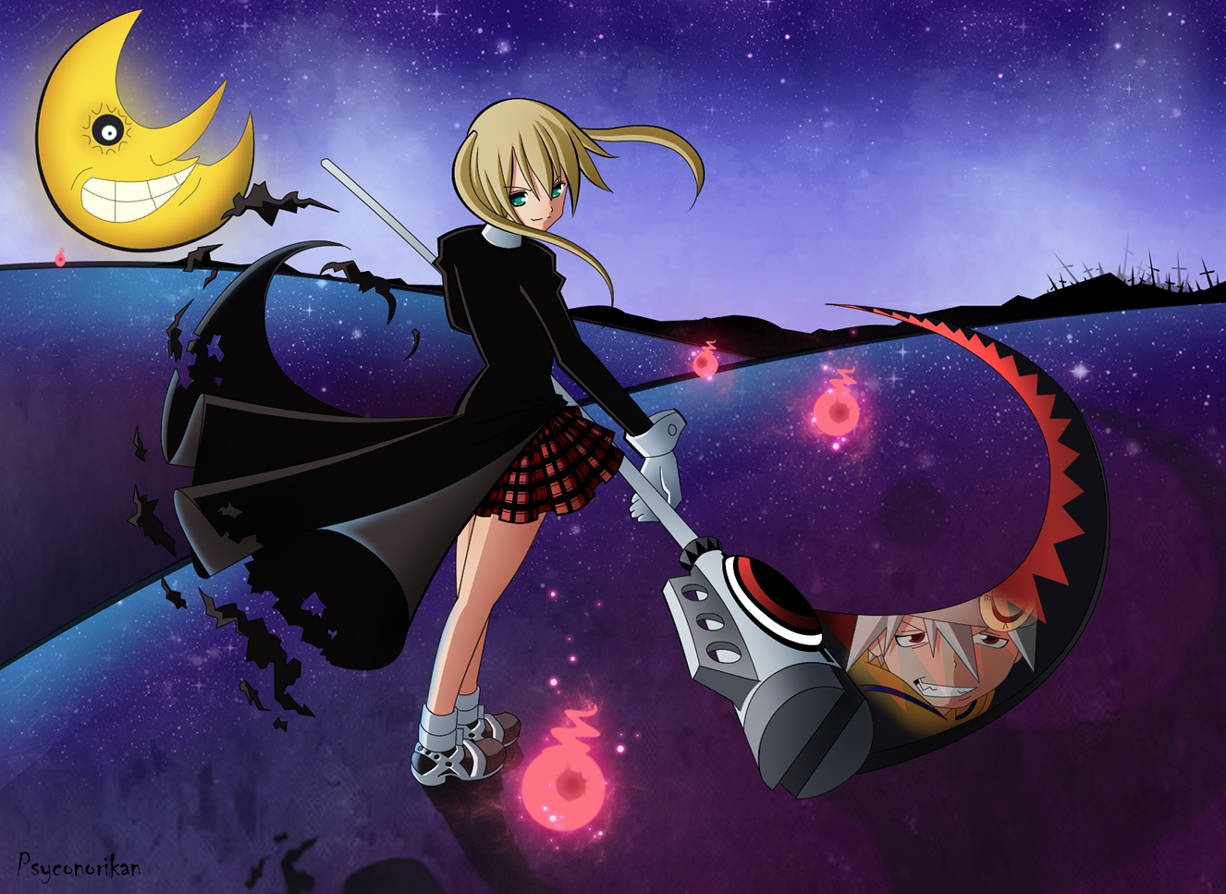 soul eater moon 桌布 壁紙 — 一位金髮動漫女孩穿著黑色外套和格子裙，在繁星點點的紫色天空中揮舞著一把巨劍對著微笑的彎月。