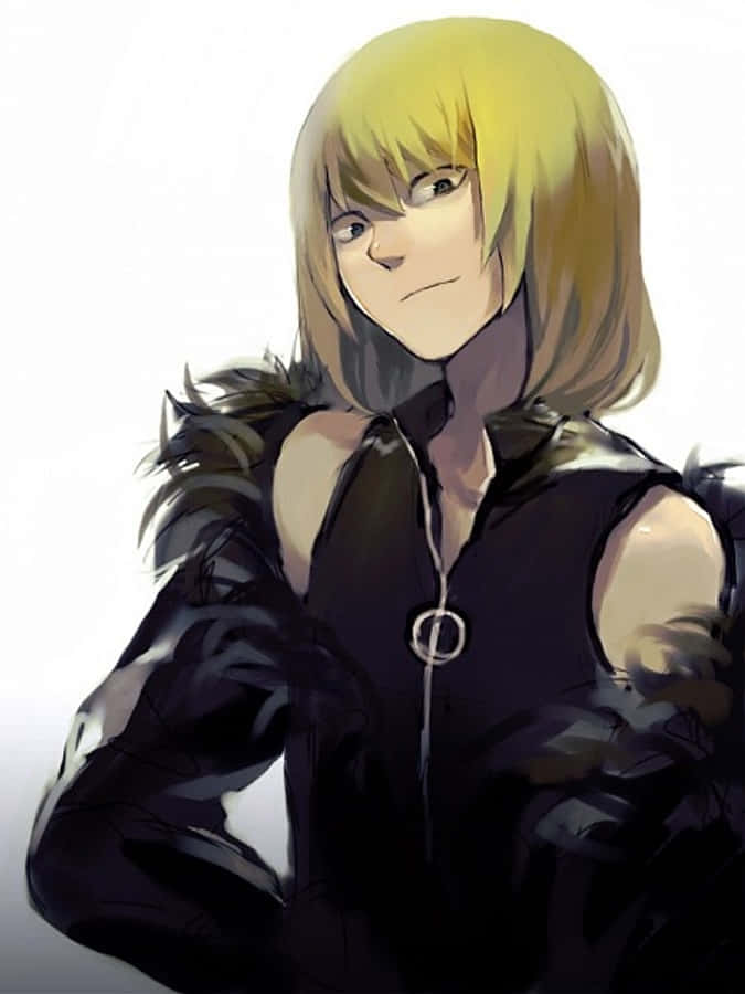 Death Note Mello 桌布 壁紙 — 一位金髮動漫女孩表情嚴肅，穿著黑色羽毛外套，背景是純白色。