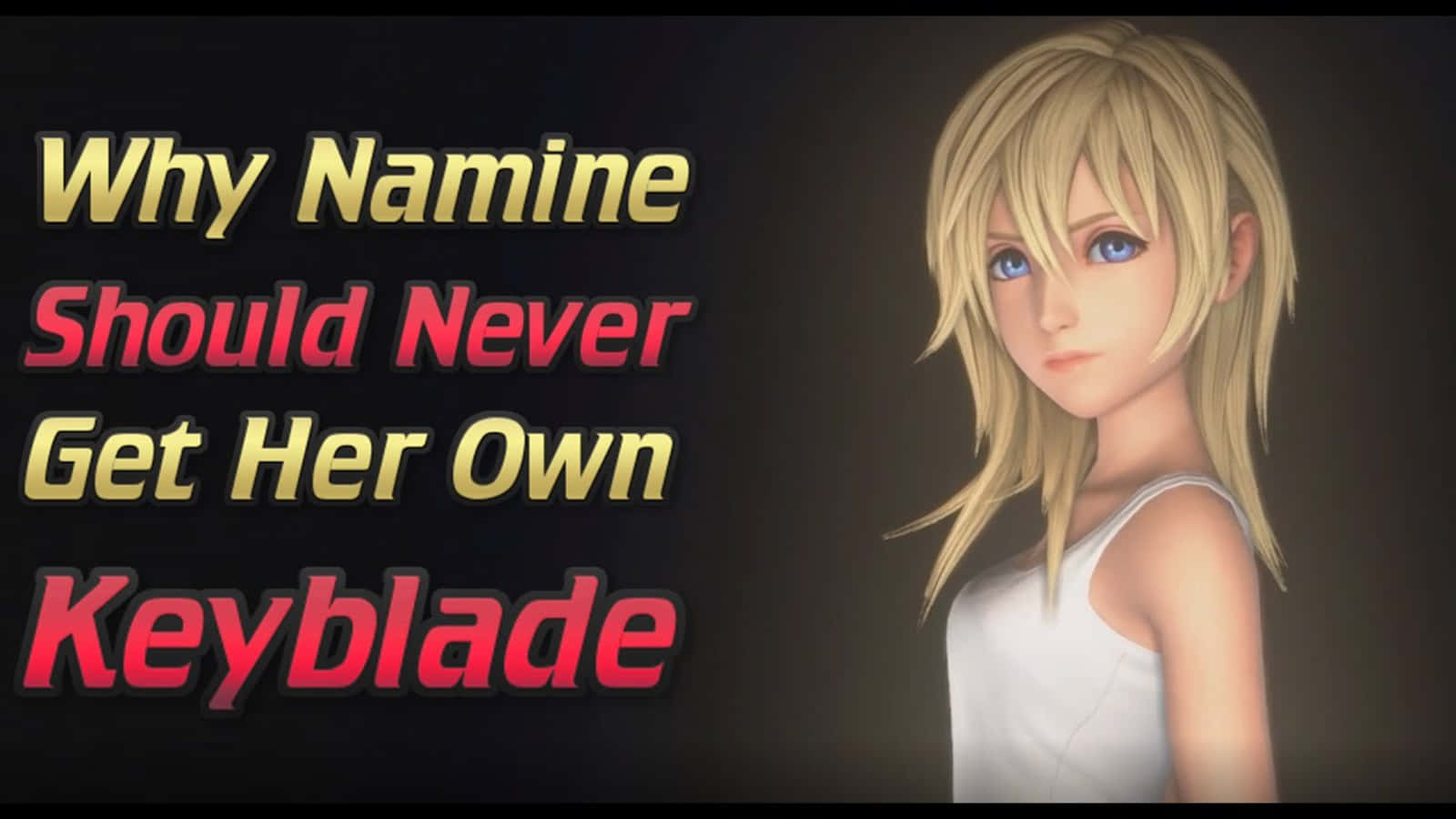 Kingdom Hearts Namine 桌布 壁紙 — 一位金髮動漫女孩身穿白色背心，站在關於Namine和Keyblade的粗體文字旁邊。