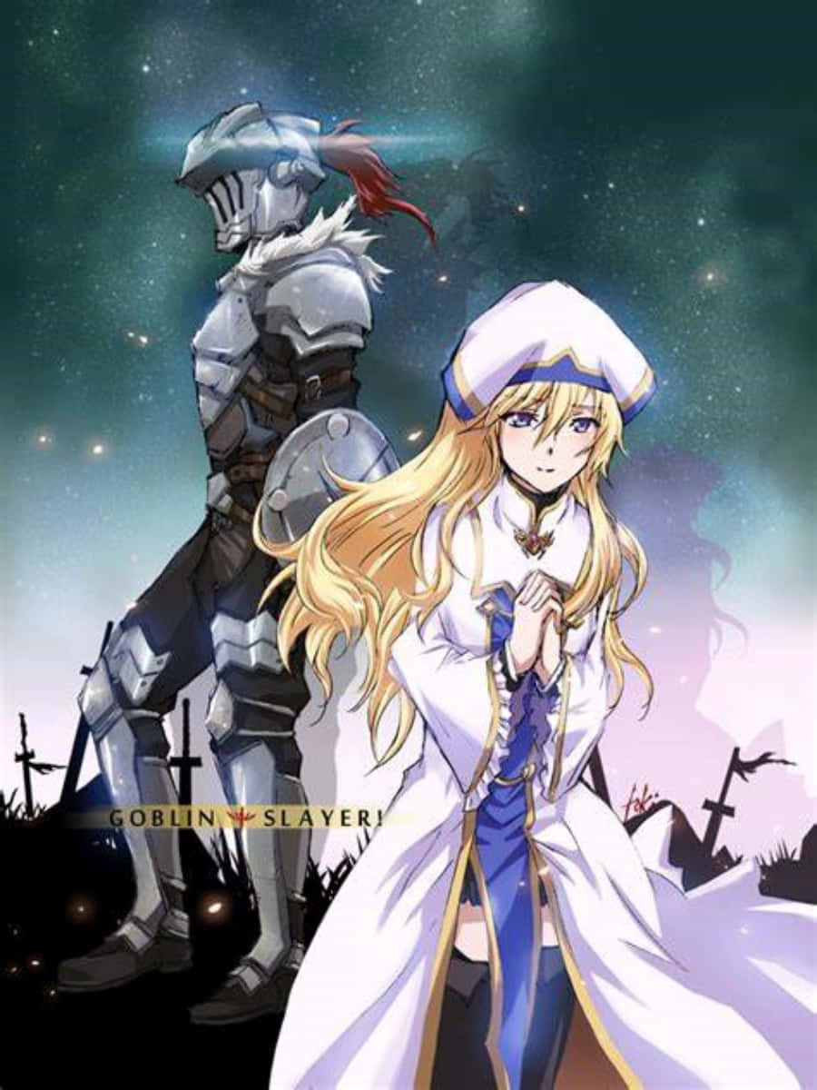 Goblin Slayer 桌布 壁紙 — 一位金髮動漫女孩身穿白色長袍，站在一位身穿銀色盔甲的騎士面前，背景是帶有十字架的星空夜空。