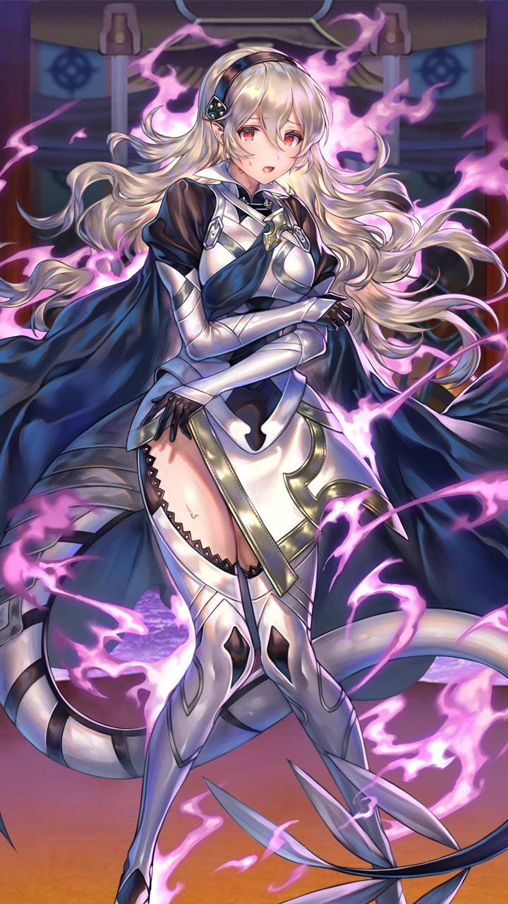 動漫女孩身穿銀色盔甲，被紫色魔法能量包圍。