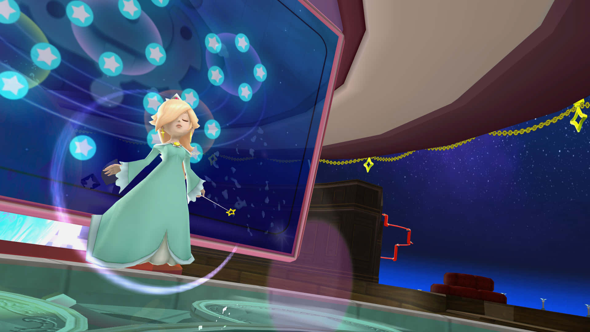 Princess Rosalina 桌布 壁紙 — 一位金髮動漫女孩身穿青綠色長袍，在宇宙劇場般的場景中，於發光的藍色星體之間揮舞著星形魔杖。