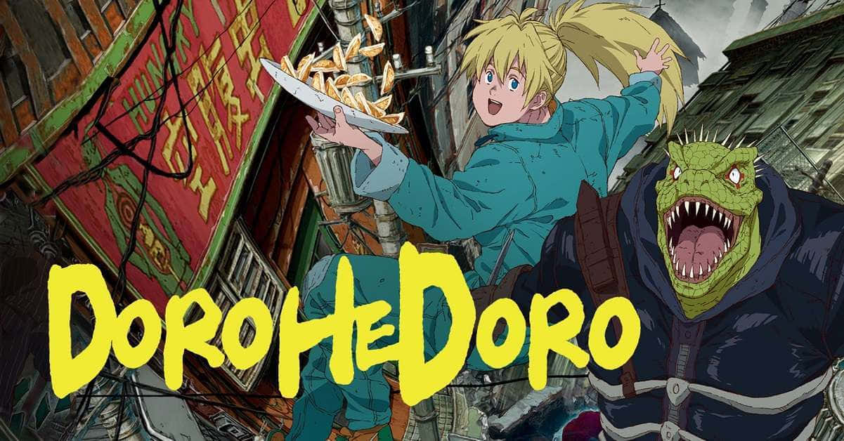 dorohedoro 桌布 壁紙 — 一位金髮動漫女孩高興地拿著一盤薯條，而一隻綠色爬蟲類怪物在雜亂的小巷裡在她旁邊咧嘴笑。