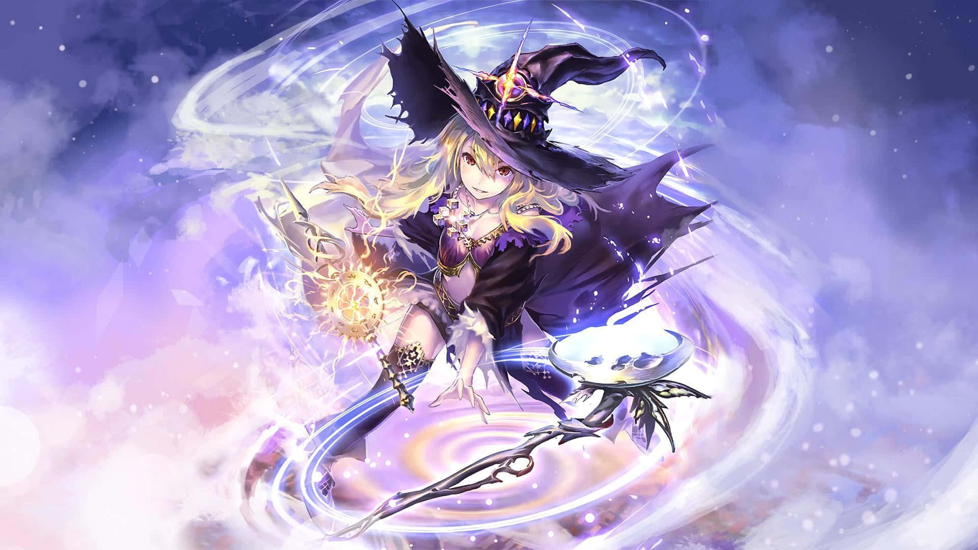Purple Anime 桌布 壁紙 — 一位金髮動漫女巫，戴著紫色帽子和斗篷，在旋轉的宇宙背景下用魔杖施展發光的魔法。