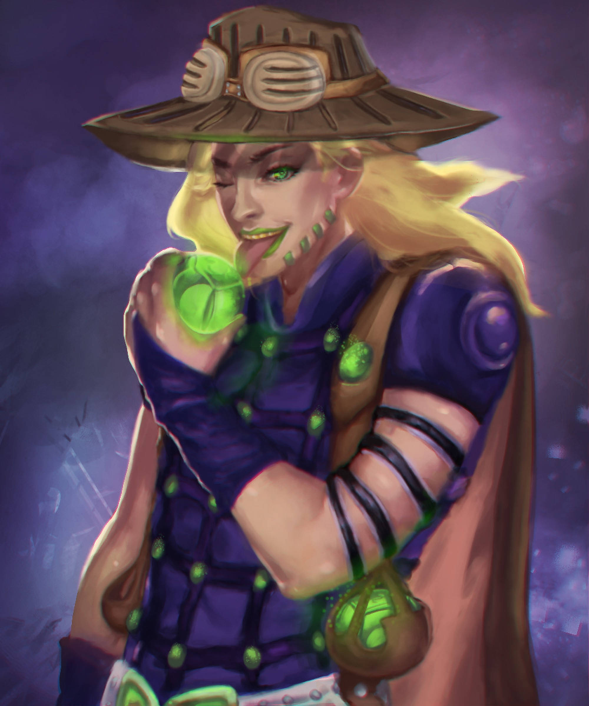 Gyro Zeppeli 桌布 壁紙 — 一位金髮動漫女性戴著寬邊帽，在紫色背景前手持發光綠色球體，露出調皮的笑容。