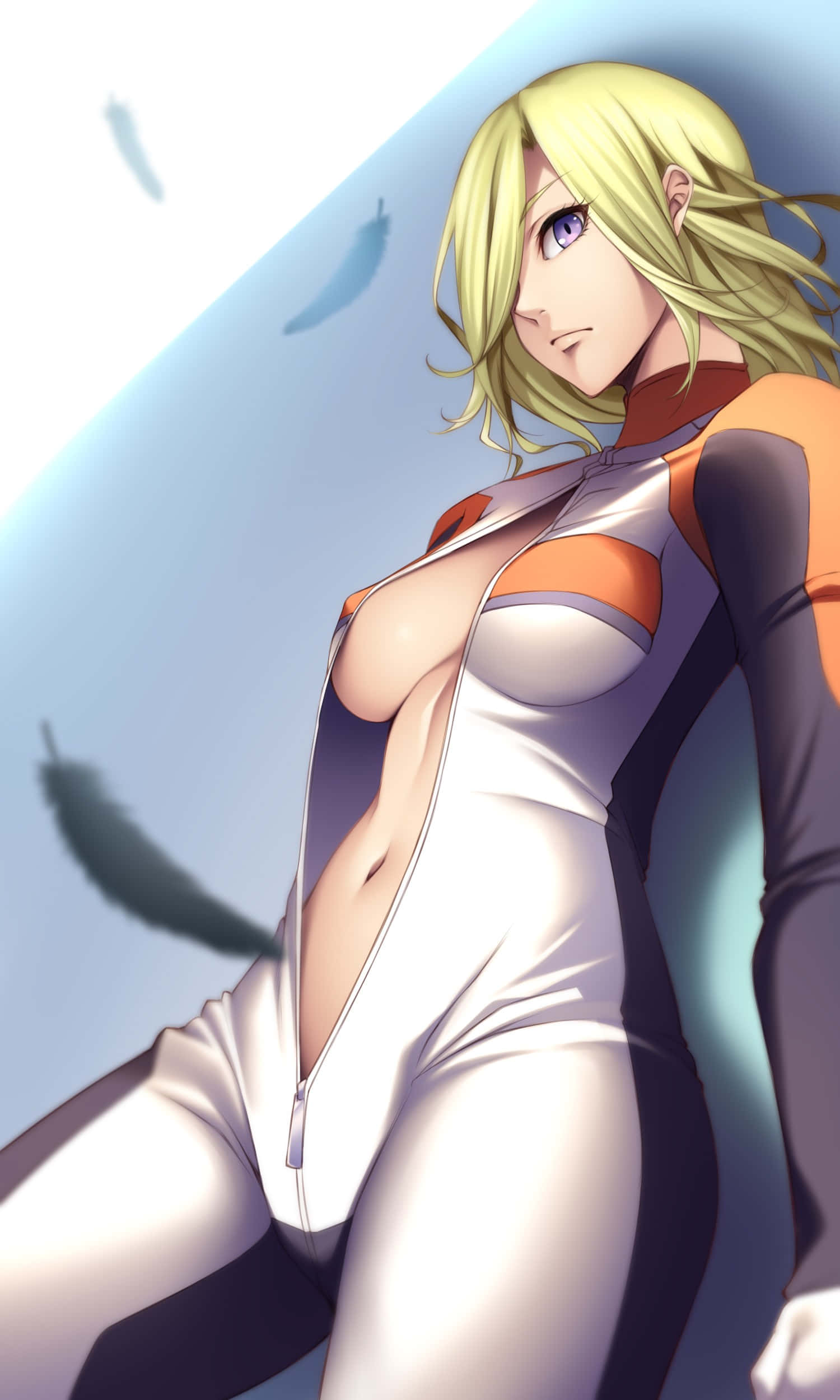 Durarara Vorona 桌布 壁紙 — 一位金髮動漫女性穿著白色、橙色和黑色的連體衣，在藍色漸變背景前擺姿勢，周圍有飄浮的羽毛。
