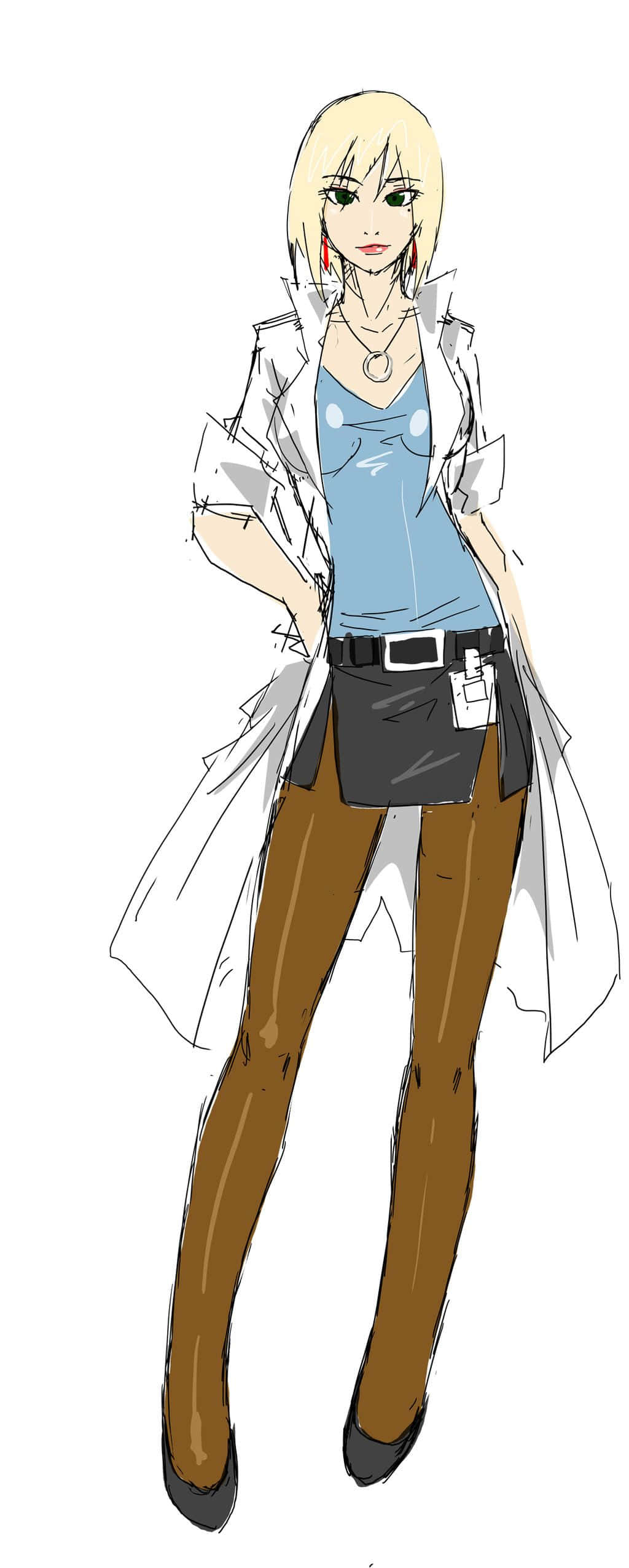 Ritsuko Akagi 桌布 壁紙 — 一位金髮動漫女性穿著白色實驗室外套，內搭藍色上衣和棕色褲子，雙手叉腰自信地站立。