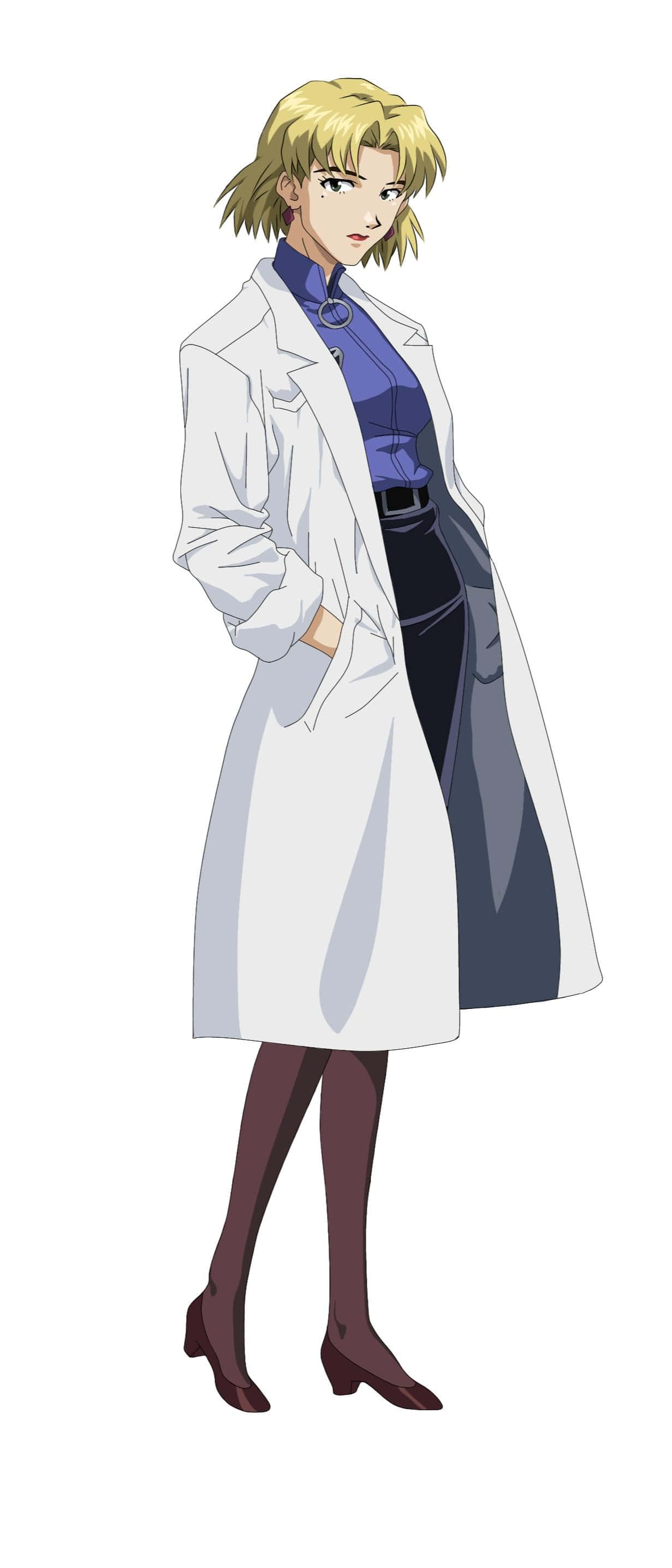 Ritsuko Akagi 桌布 壁紙 — 一位金髮動漫女性穿著白色實驗室外套，自信地站著，一隻手插在口袋裡。