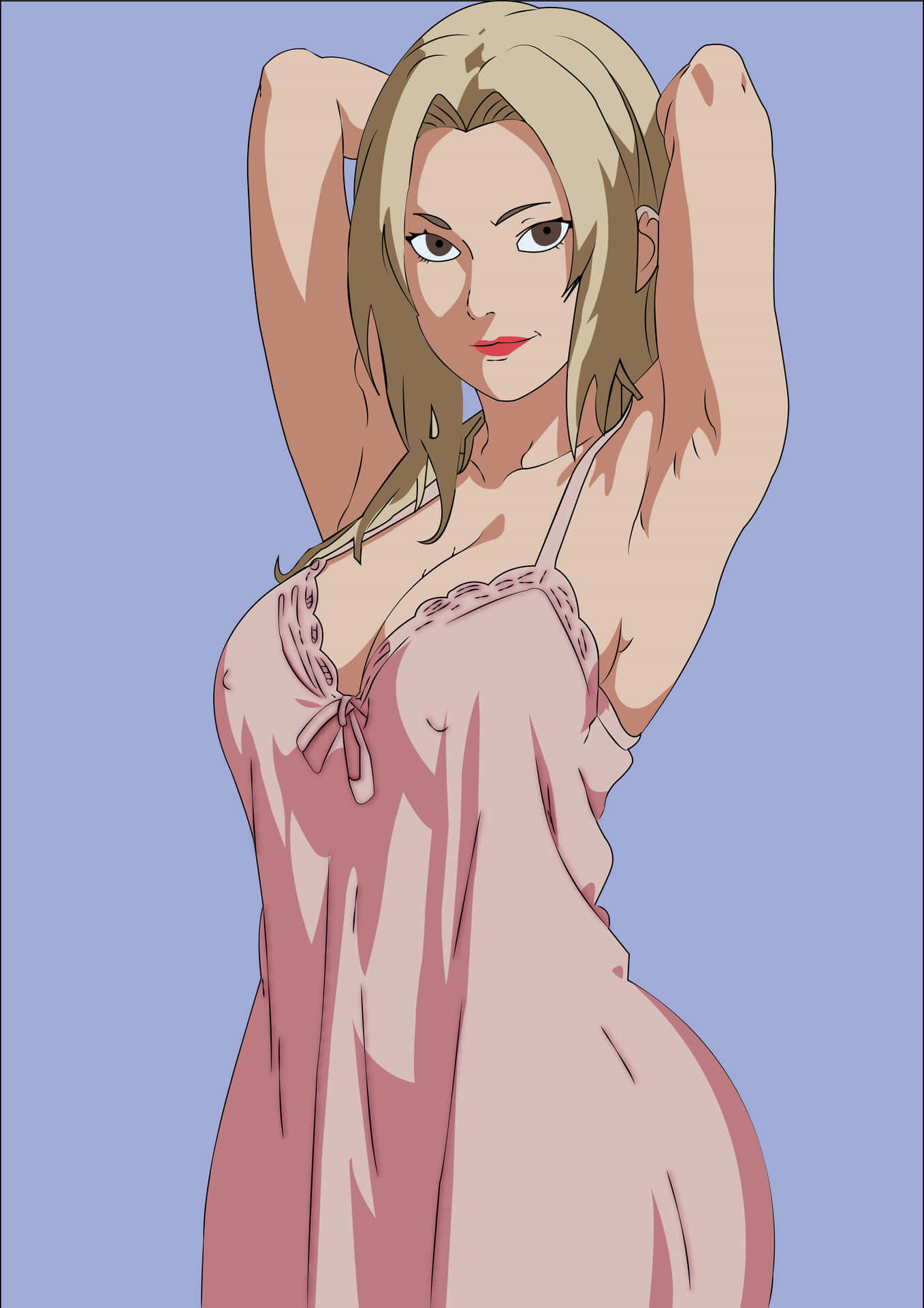 Tsunade 壁紙 — 一位金髮動漫女性穿著粉紅色蕾絲睡衣，在純藍色背景前舉起雙臂擺姿勢。