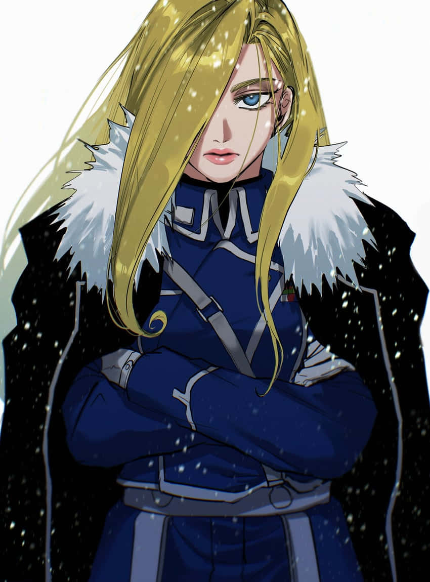 Olivier Mira Armstrong 桌布 壁紙 — 一位金髮動漫女性穿著藍色制服，配有白色毛領，雙臂交叉站立，雪花飄落在她周圍。